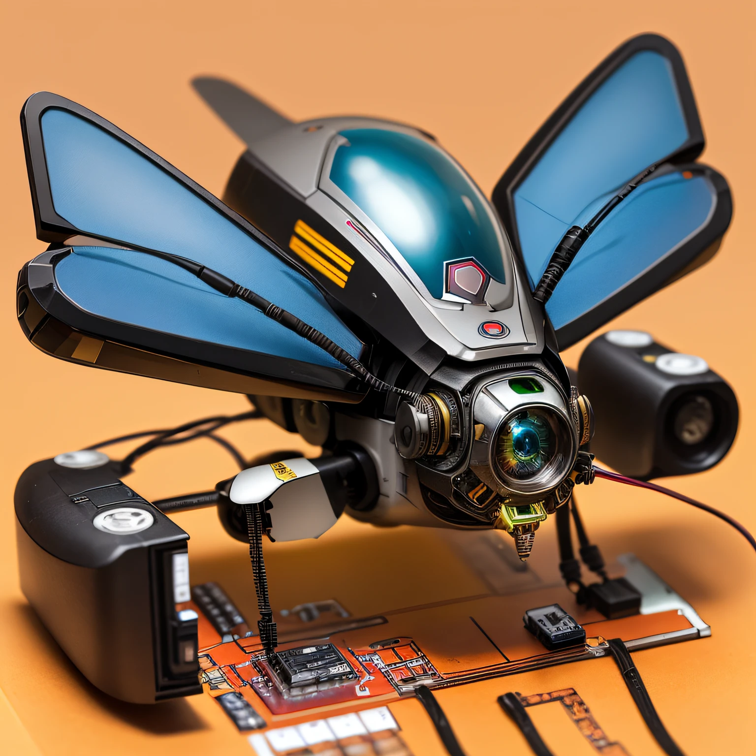 fly-shaped robot with small parts and electronics, diodes, cameras and printed circuit boards
