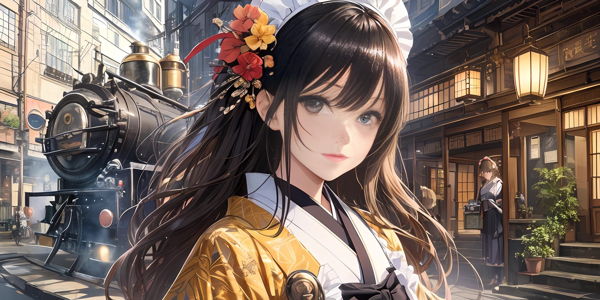 (extremely detailed CG unity 8k wallpaper),(masterpiece), (best quality), (ultra-detailed), (best illustration),(best shadow), (an extremely delicate and beautiful), dynamic angle, floating, finely detail, (bloom), (shine), glinting stars, classic, (painting), (sketch), Taisho steampunk, (steampunk:1.2)
(1girl:1.7), (2020s), (cute face:1.3), anime face, ((solo)), beautiful detailed face, shiny hair, colorful clothes, (kimono), (Japanese maid), maid dress, maid headdress, hair flower, hair ornament, (Frill), Brass Pocket Watch, extremely delicate and beautiful girls, beautiful detailed eyes, cowboy shot,
steam train, building architecture, (Japanese style architecture), (street:1.2)