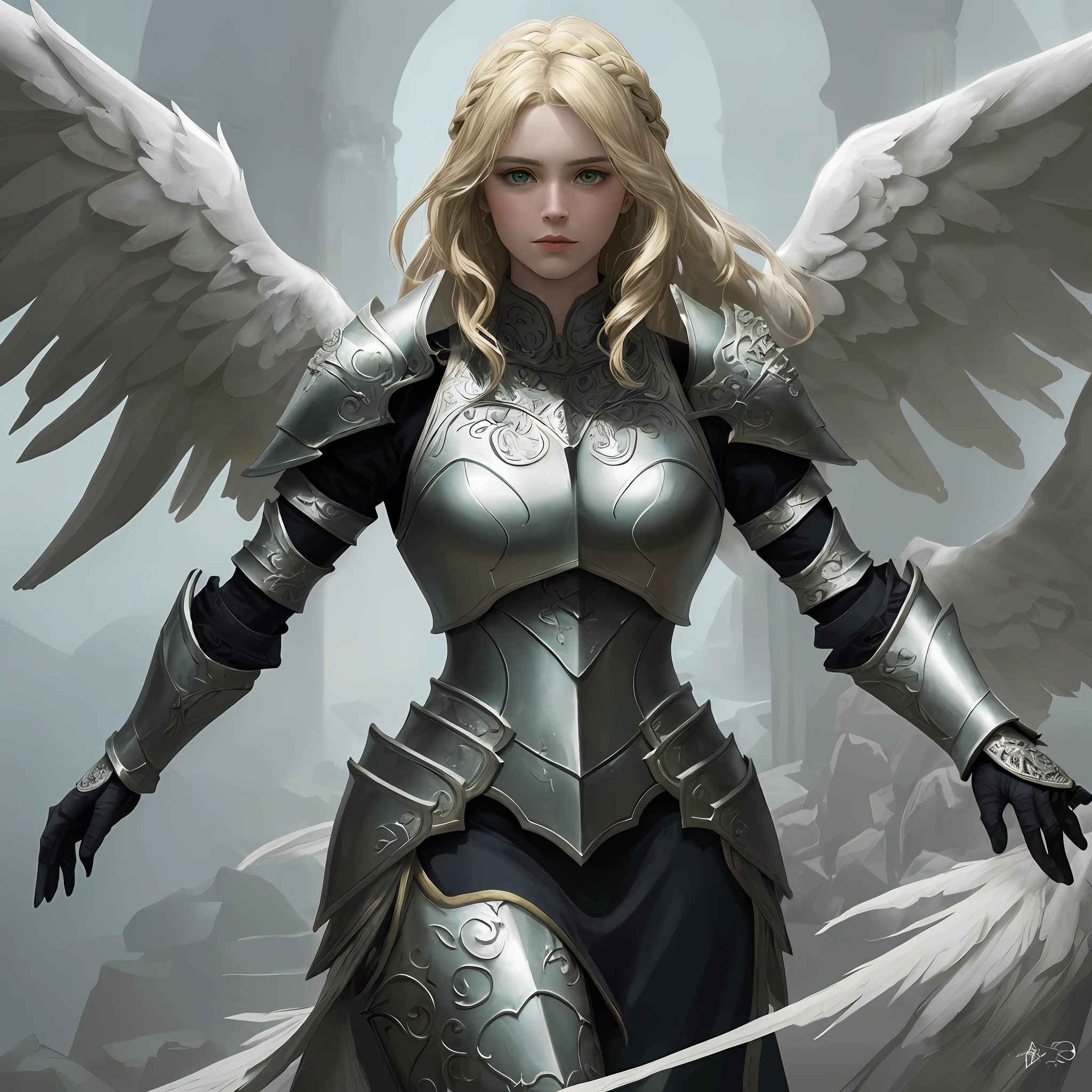 araffed, fantasy art, landscape mode, female aasimar paladin (Masterpiece,1.6, intricate details), aasimar (Masterpiece, 1.3, intricate details), female, beautiful angelic face (Masterpiece, 1.4, intricate details), heroic stance, (Masterpiece, 1.3, intricate details), blond hair, intense green eyes, long hair, braided hair, white angelic wings, heavy armor (Masterpiece, 1.3, intricate details), heavy (white armor) intense details, (holy sigils), (anatomicly correct) fantasy temple background Masterpiece, 1.3, intricate details), dynamic light, (Masterpiece, 4k resolution, ultra-realistic, photorealistic, very detailed)