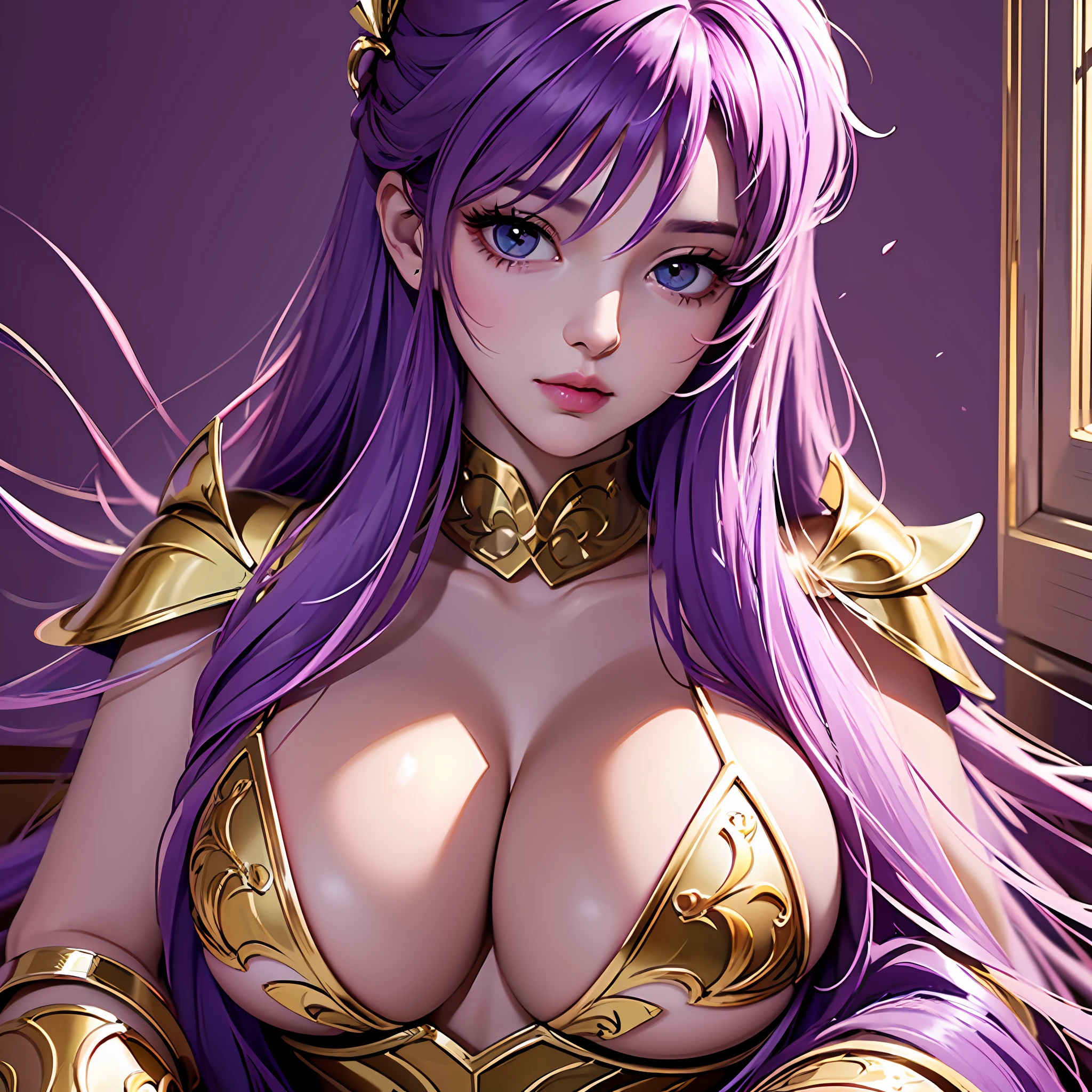 beautiful lighting,best quality,masterpiece,ultra highres,photorealistic,
(soft_light:1.5),(lighting),delicate elegance,captivating beauty,tender poise,enchanting,
1girl,solo,((huge :1.2)),Kido_Saori,(athenaCloth_armor:1.1),Lavender hair,(hair between eyes:1.2),sitting,looking at viewer,Simple background,