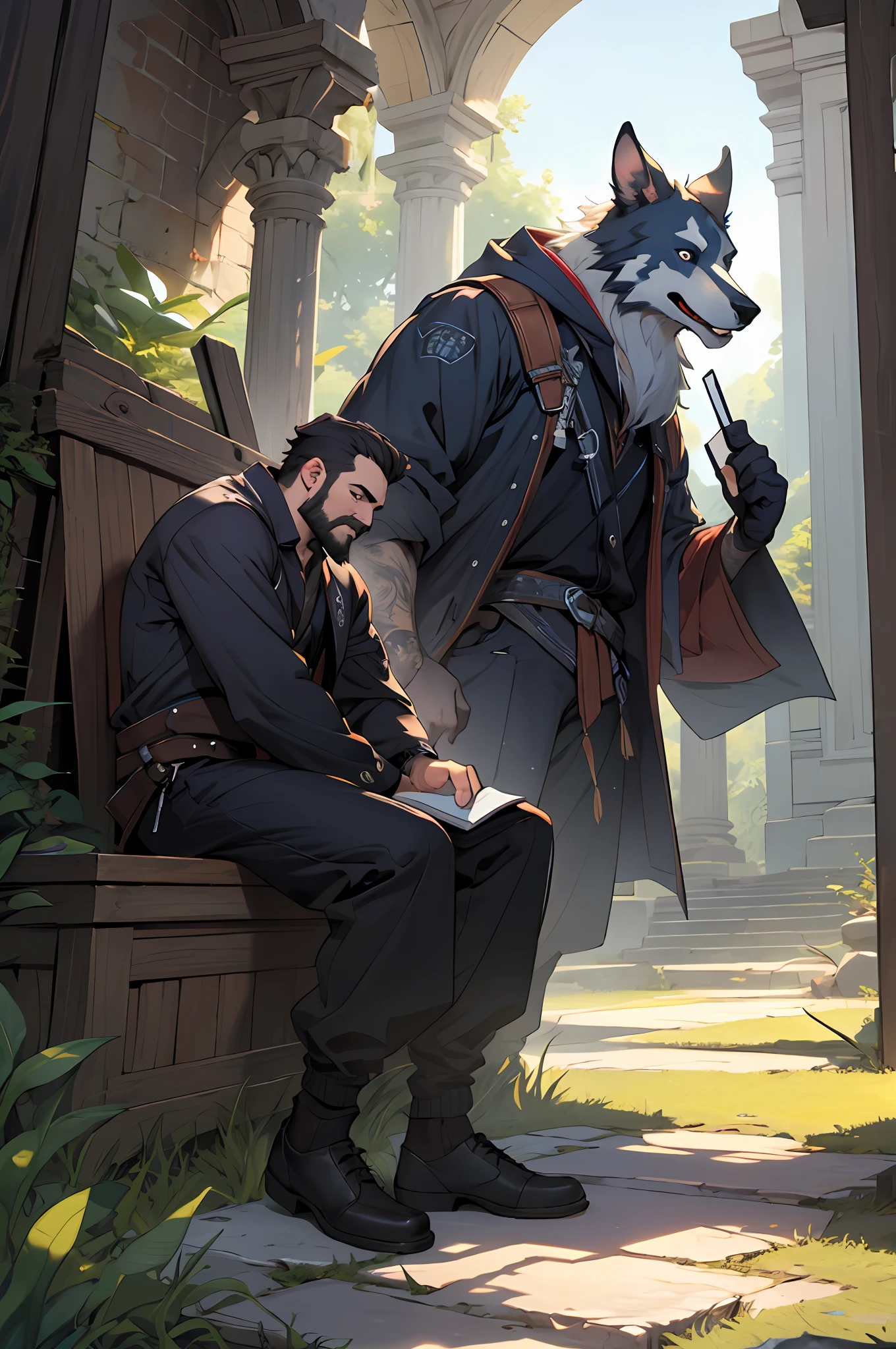 (Extremely detailed Cg unified 8K，Masterpiece, Best quality, Ultra-detailed), Horizontal composition，The character is on the right side of the picture，An adventurer sitting on a scrapped altar, Notebook learning, Surrounded by grass, Latter-day Araki, The sun sets abruptly, Strong Shadow, Confidently gaze into the mysterious universe, Full beard, Cowboy style, Affectionate and mysterious, Assemble your own style.