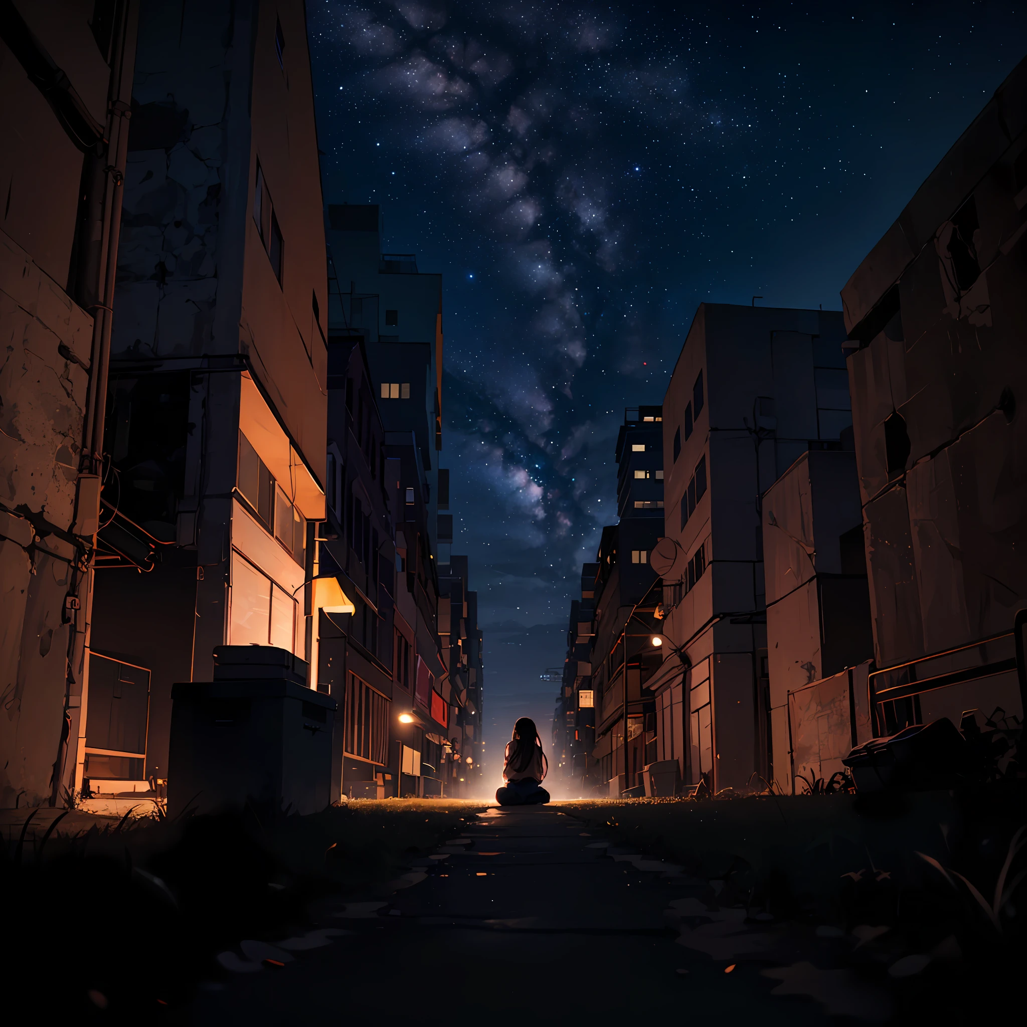 octane, sky, stars (sky), landscape, starry sky, night, 1 girl, night sky, solo, outdoor, building, cloud, milky way, sitting, tree, long hair, city, silhouette, cityscape --auto