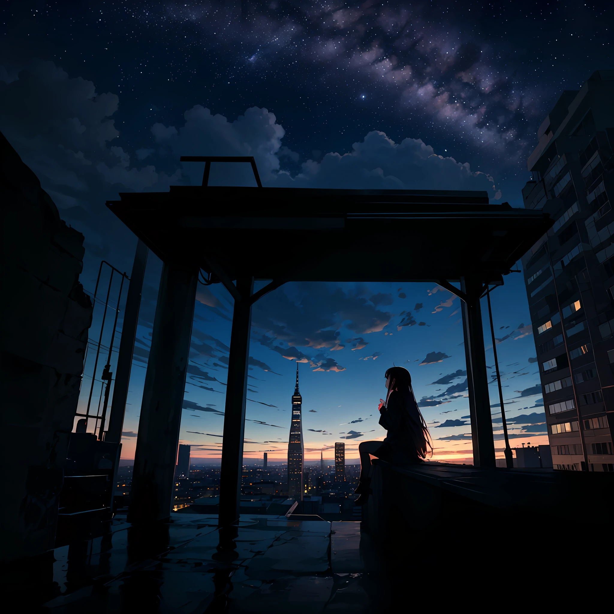 octane, sky, stars (sky), landscape, starry sky, night, 1 girl, night sky, solo, outdoor, building, cloud, milky way, sitting, tree, long hair, city, silhouette, cityscape --auto