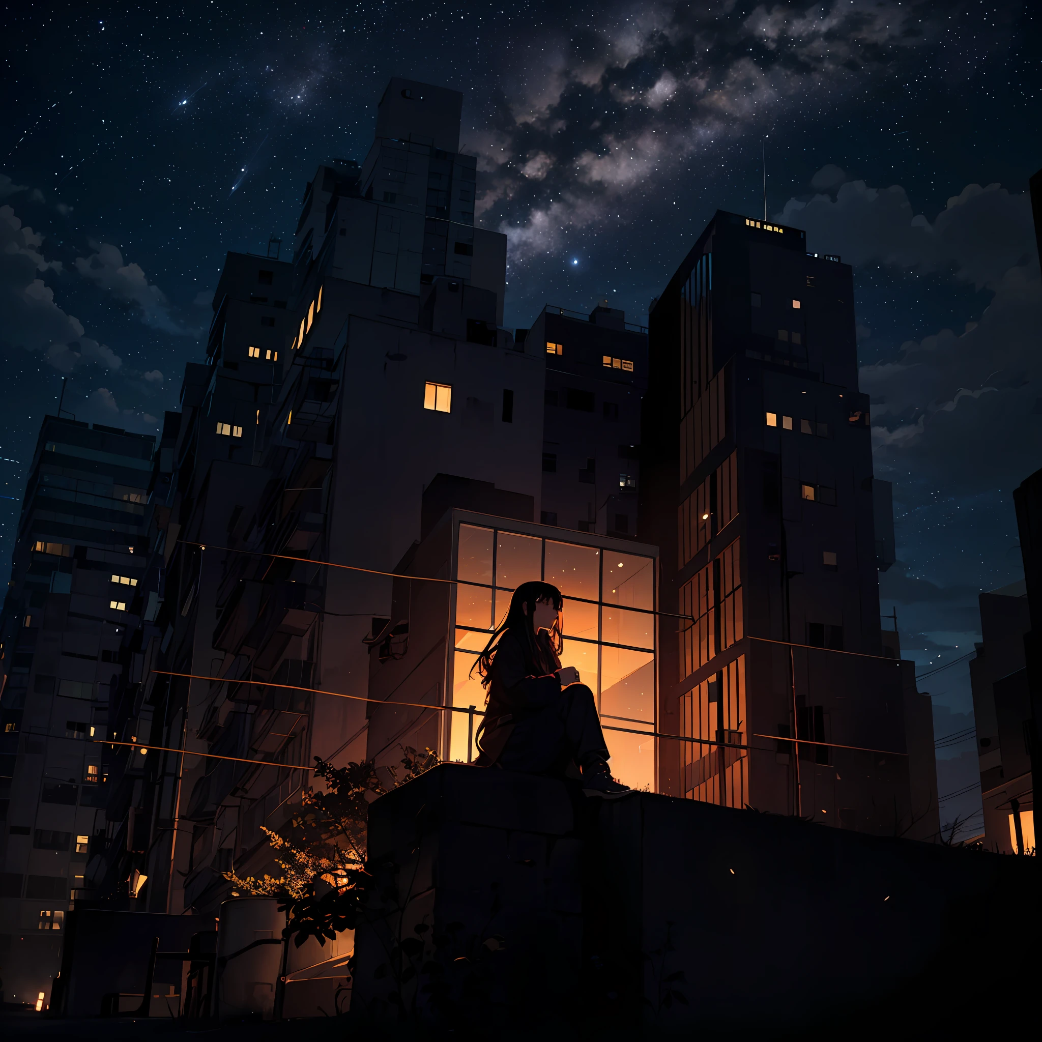 octane, sky, stars (sky), landscape, starry sky, night, 1 girl, night sky, solo, outdoor, building, cloud, milky way, sitting, tree, long hair, city, silhouette, cityscape --auto