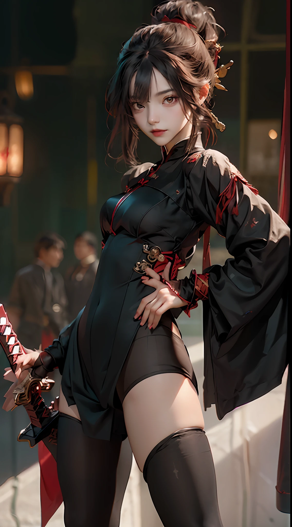 Young teenage girl,He has short black hair,Red eyes,Wearing black tights,Black silk lining,Red short sword in hand,Poor milk