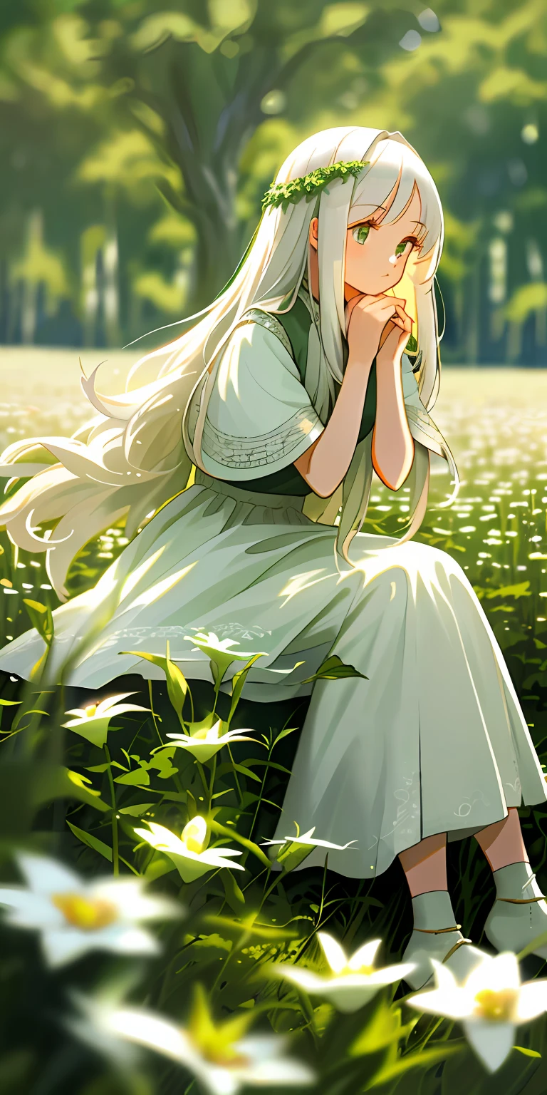 (masterpiece, best quality),1girl with long white hair sitting in a field of green plants and flowers, her hand under her chin, warm lighting, white dress, blurry foreground