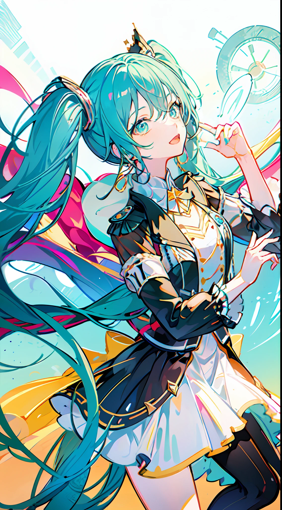 (masterpiece, super detail,) anatomically correct, 1girl, momomiku, epaulettes, With sparkling eyes (1.3) and long and fluffy blue hair, she wears a colorful outfit and enchants people with her wonderful voice. Her name is Hatsune Miku, the most famous virtual singer in the world.