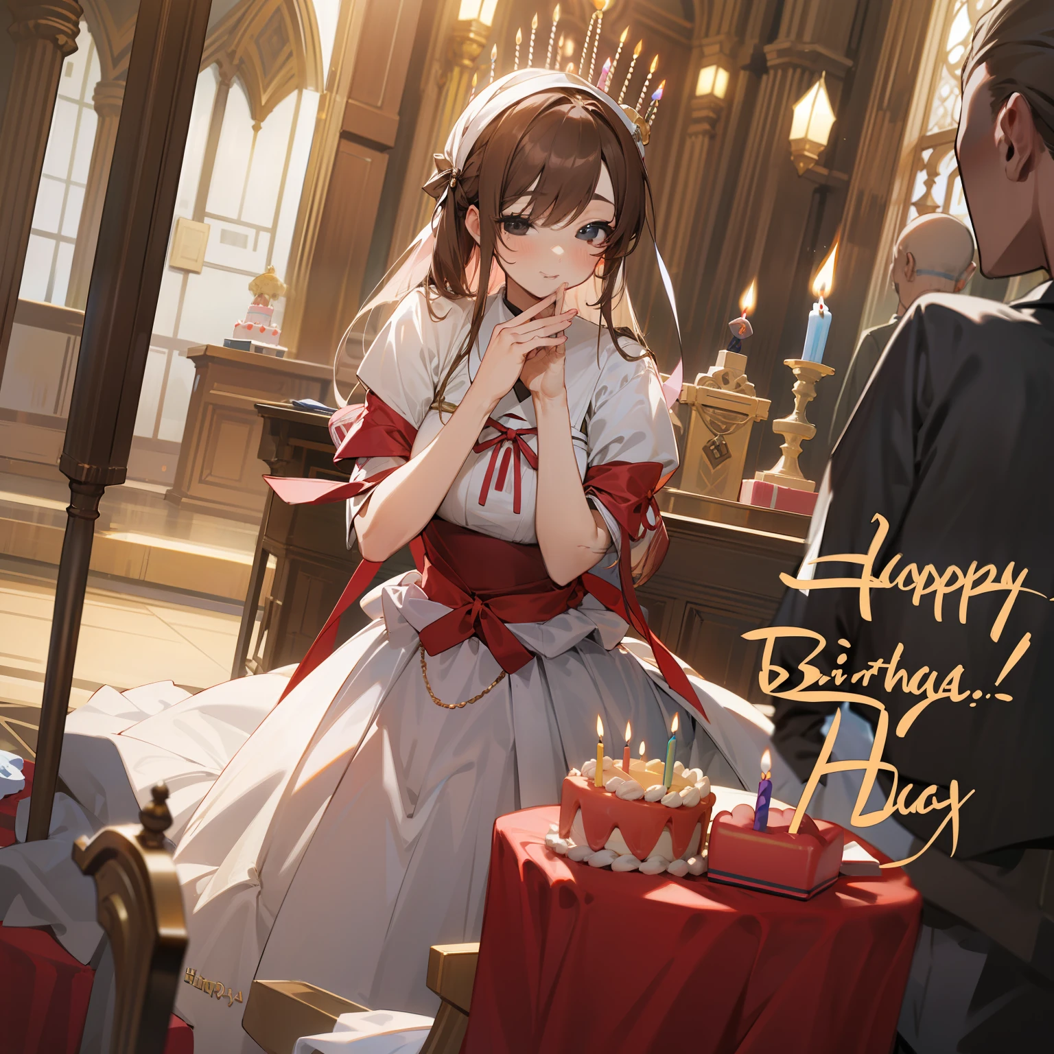 Birthday cake long brown hair black eyes upper body shyness wish white clothes happy birthday masterpiece