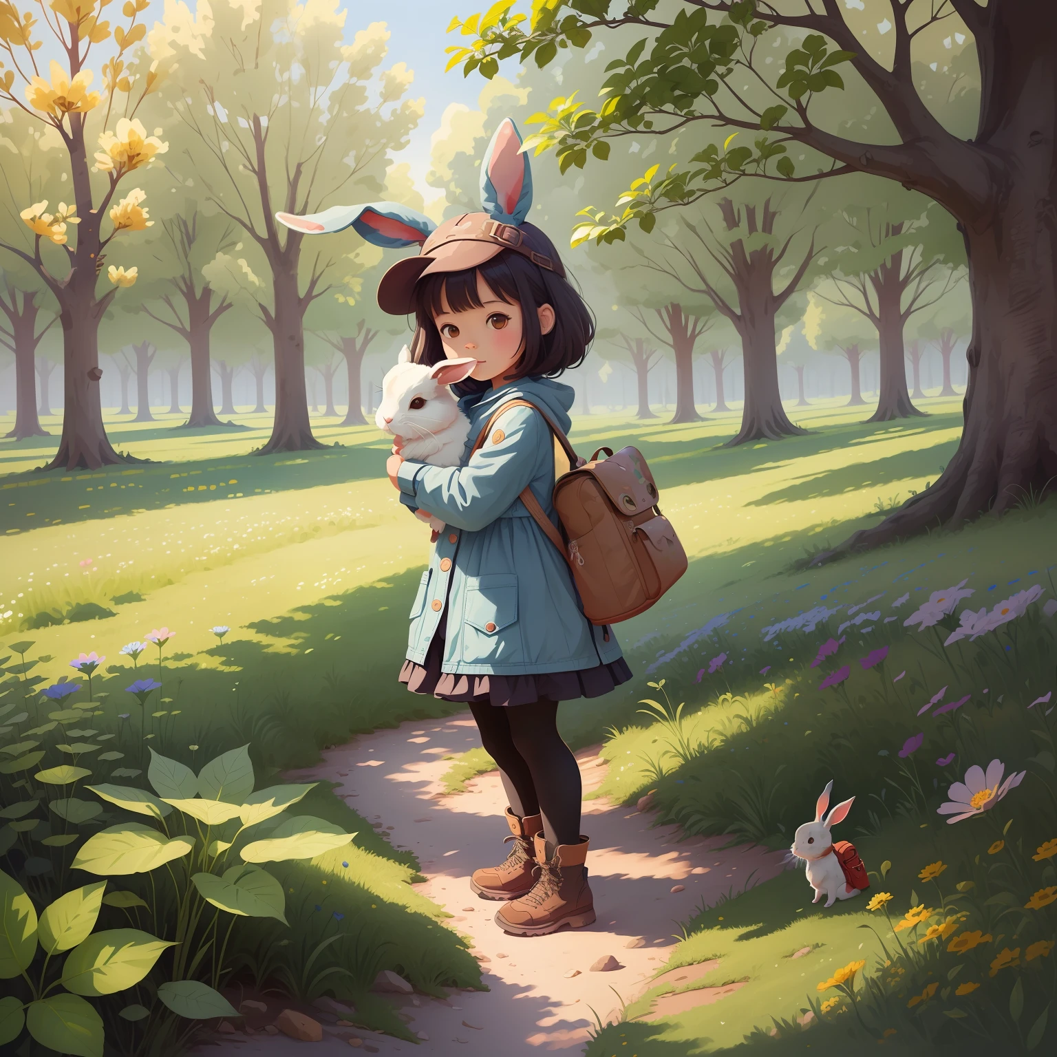 cartoon 兔子 in a field of flowers with a backpack, childrens art in artstation, cute detailed digital art, cute art style, cute detailed artwork, adorable digital painting, Rabbit in flow, hyper realisitc --auto