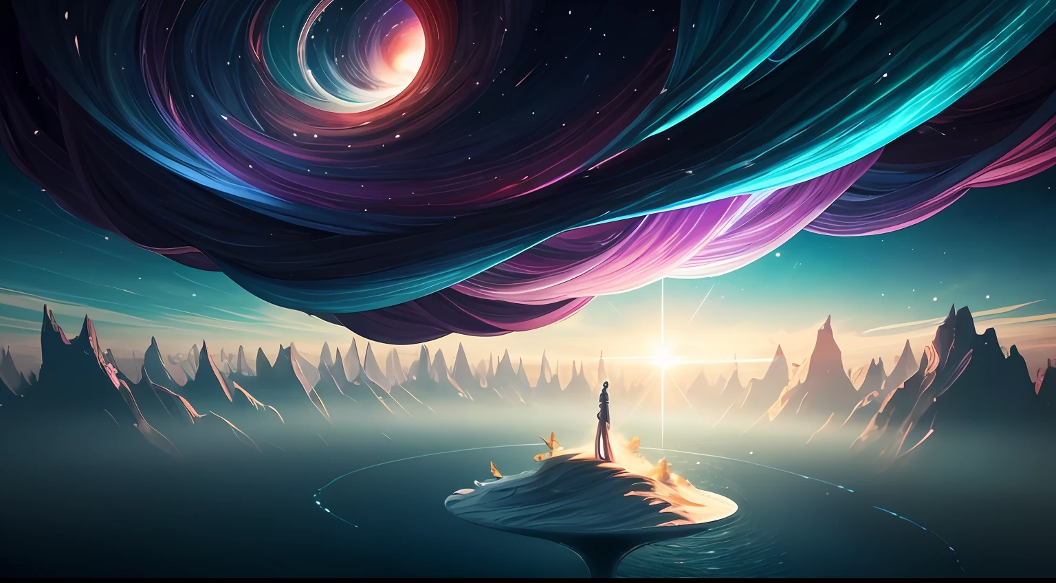 (delicate and detailed) alternate dimensions, parallel universes, imaginary realms, fantastic colors, a surreal scene with (1-2 humanoids) in the foreground, (multicolored_hair:1.2+silver hair+purple hair:0.8) and (a flowing dress or robe) on the figures, a (twisted:0.7+ethereal:0.3) background with (floating islands:1.1), a (shimmering:1.5) portal in the distance, and (vibrant:0.8+pastel:0.2) hues throughout the image. --auto