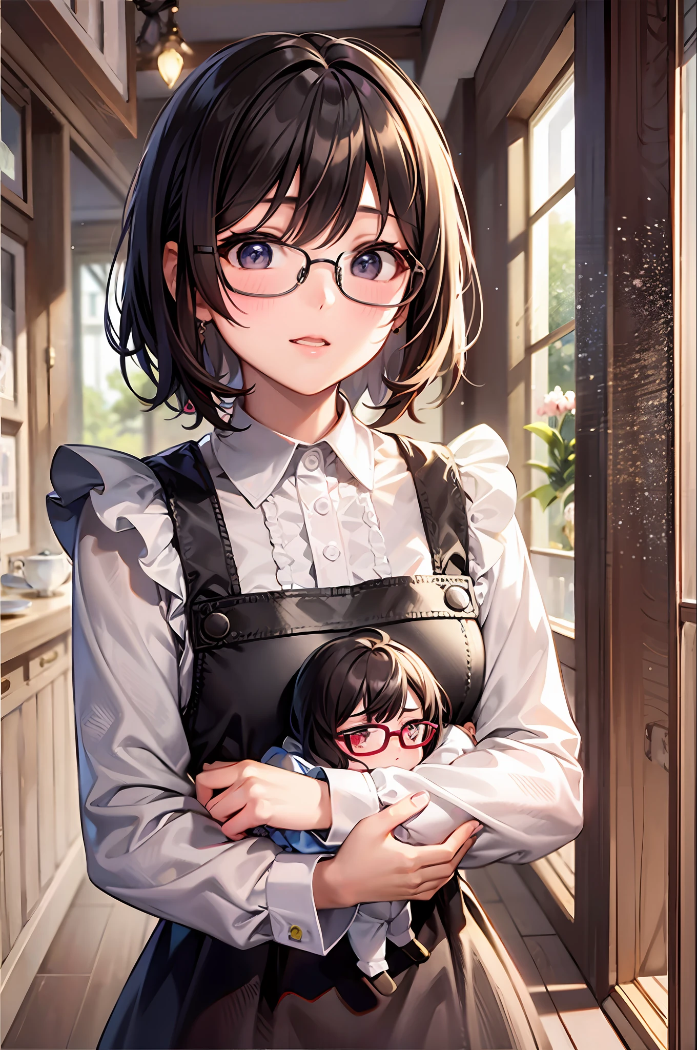 top-quality、超A high resolution、1 -yeld giShort hair、Dark hair、hair adornments、eye glasses、Infant body type、maid clothes、tea shop、Katyusha