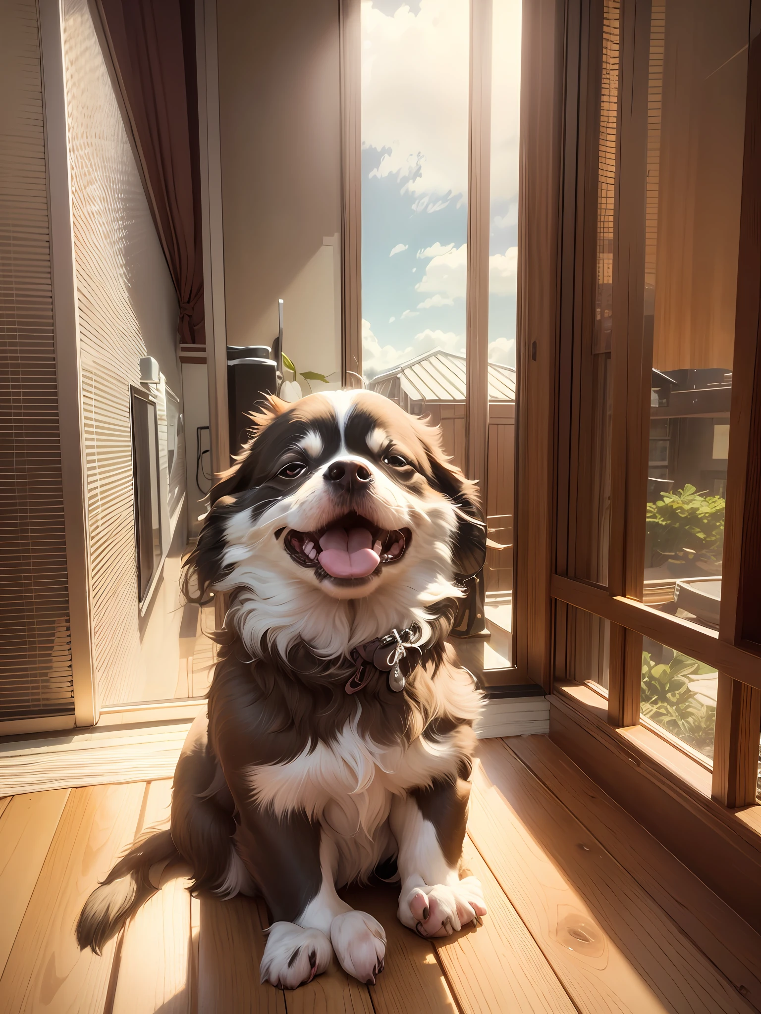 Chihuahua dog sitting on wooden floor in front of window, japanese dog, he is very happy, Very happy, taken with sony alpha 9, Chihuahua, ohwx, Chihuahua Mix, happy dog, Happy Finnish Laphound Dog, Happy with open mouth, Tongue out, Cute dog, super cute and friendly, けもの、Brown and white hairs、Fusafusa