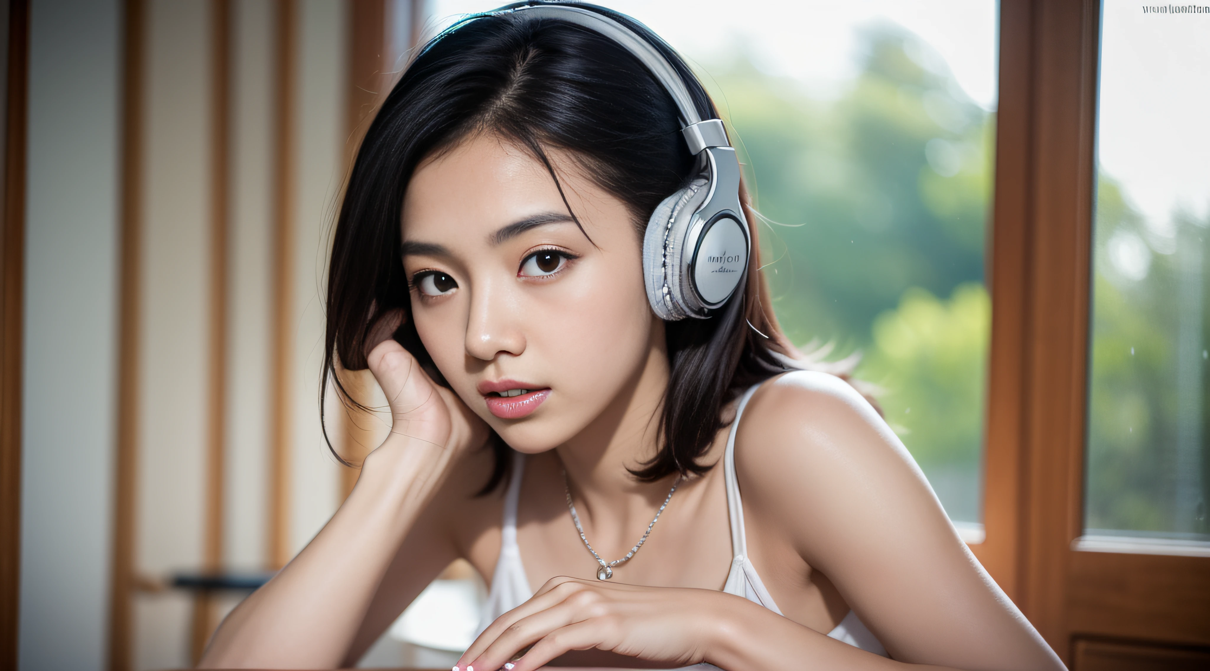 Allafard Asian woman wearing white dress,with headphones on, Realistic young gravure idol, with headphone, young pretty gravure idol, Young sensual gravure idol, Young gravure idol, sophisticated gravure idol, Young skinny gravure idol, with headphone, Realistic sensual gravure idol, Yoshitomo Nara, Japanese model