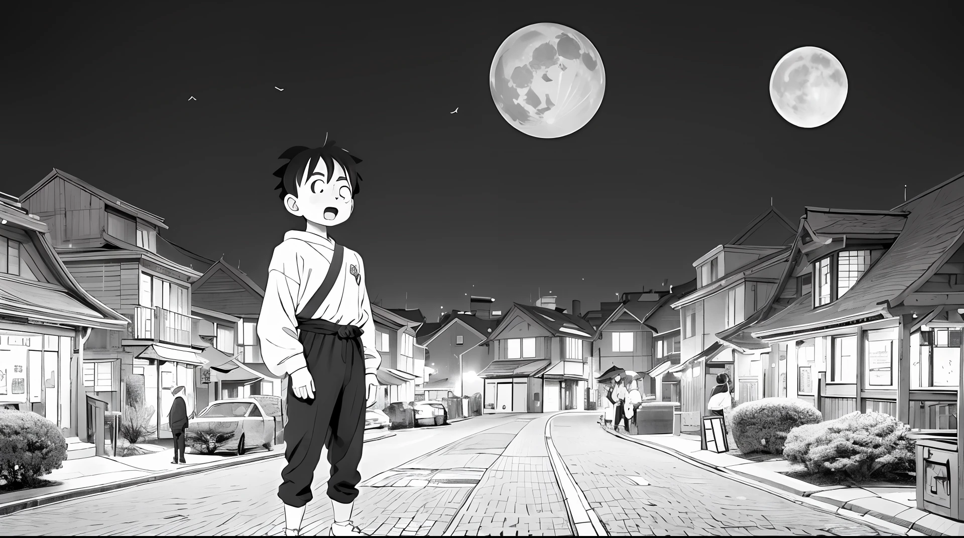 best qualtiy，tmasterpiece，photore，HD line drawing，realisticlying，The is very detailed，A man stands in the street crying，Line drawings，Hanfu，城市，独奏，Monochromatic color palette，Moon in the background，black andwhite，Akira Toriyama，in a panoramic view