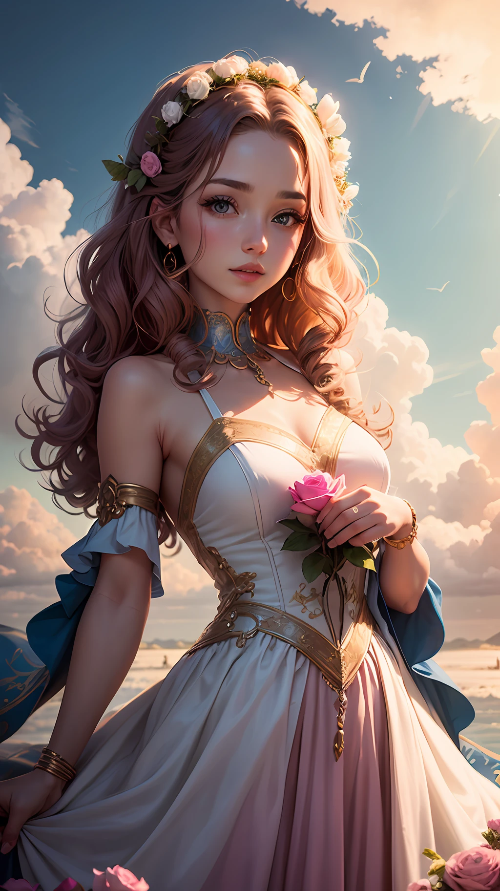 a girl with curly hair, wearing a very detailed celestial dress with pink and gold details, with pink roses on her body, this girl is under clouds, blue sky scenery --auto