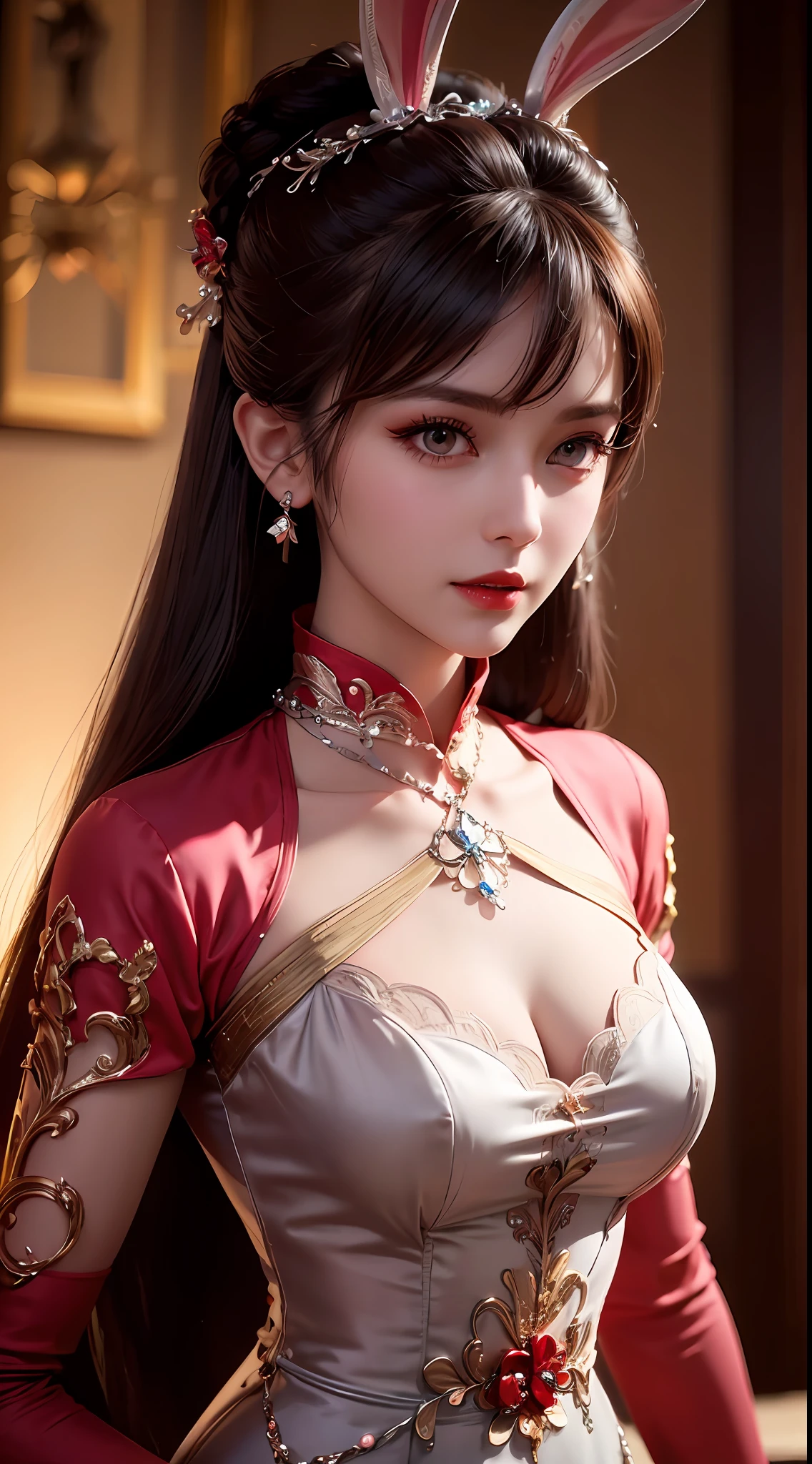 1 beautiful girl in beautiful hanfu costume, thin red silk shirt with many yellow motifs, black lace top, light pink rabbit ears, long hair dyed pale purple platinum, beautiful hair jewelry, pretty face cute pretty face, perfect face, earring jewelry, antique jewelry, big red eyes, sharp eye makeup, meticulous eyelash makeup, thin eyebrows, high nose, pretty red lips, no smile, pursed lips, rosy cheeks, big bust, big bust, well-proportioned bust, slim waist, red mesh stockings with black border , Chinese hanfu style, fictional art pattern, vivid and true color, RAW photo, real photo realistic, ultra-high quality 8k surreal photo, cool photo, (virtual lighting effect: 1.8), 10x pixels, magic effect (background): 1.8), (ultra-detailed eye: 1.8), (eyelids): eyes): red: 1.8), (black eye pupil: 1.8)beautiful girl portrait, alone girl, ancient hanfu background, looking directly at the audience, wide original image, 8k quality, super sharp , the most detailed and clear images, detailed bright background,
