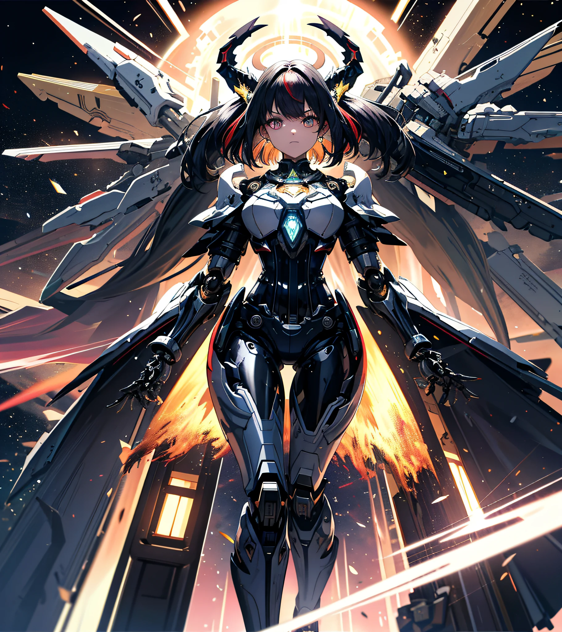 tmasterpiece，best qualtiy，ultra - detailed，very detailed illustration，The is very detailed，Complicated details，A high resolution，super complex detail，Very detailed 8k CG wallpaper，cowboy lens，Caustics，Reflectors，Ray traching，Demon Theme，Starcloud，darkness aura，Network effects， （1girll：1.4），solo person，soio，Mecha musume，mechanicalparts，robotjoints，Single robotic arm，head gear，Mechanical Aura，star halo，complex mechanical bodysuit，mecha corset，fully armoured， Very long hair，whaite hair，hair between eye，O cabelo multicolorido，colored inner hair，red color eyes，glowing light eyes，Eye trajectories，Random expressions，standing on your feet，ancient japanese architecture，ponds，starrysky，skylines，