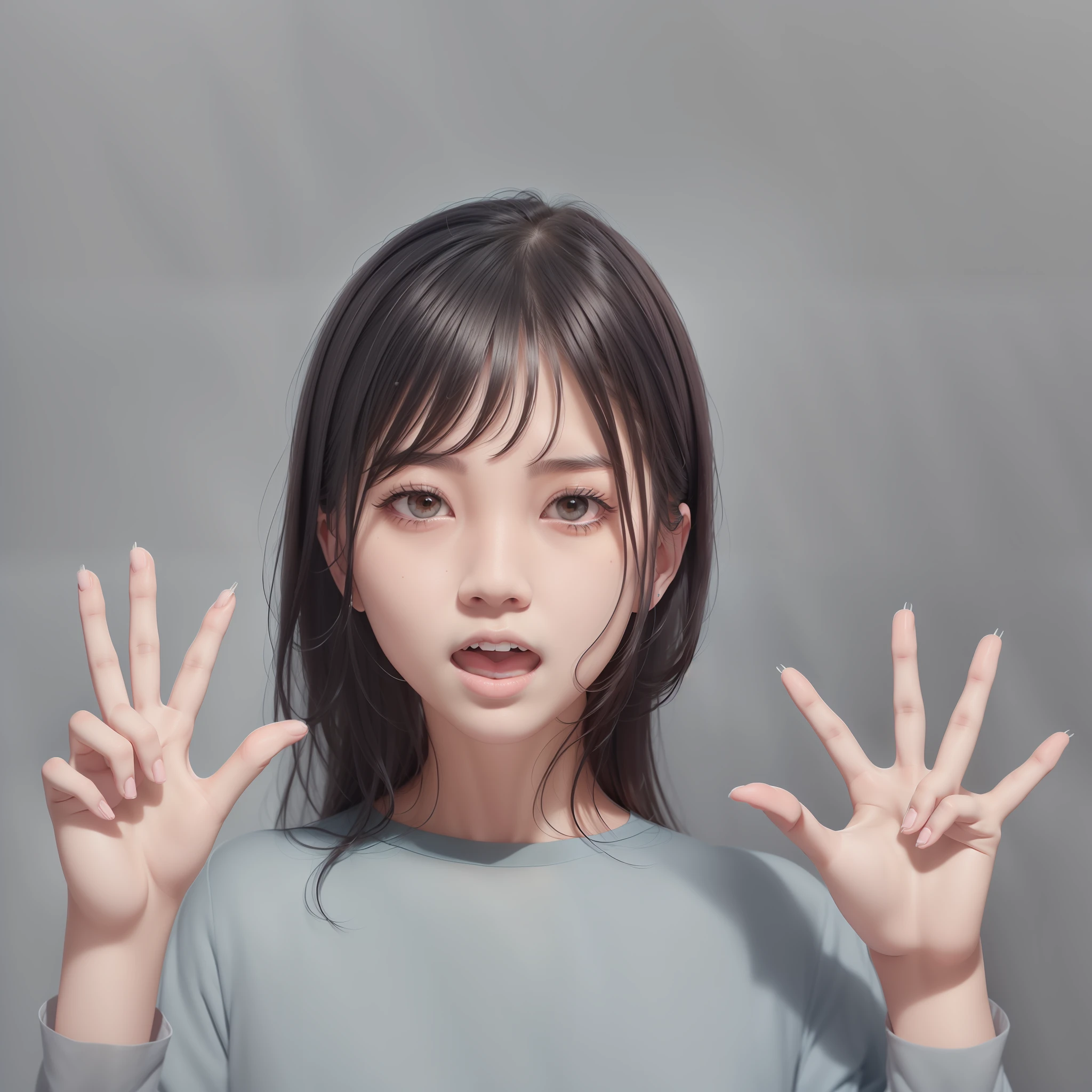 Asian woman with hands raised in front of her face, japanese facial features, korean symmetrical face, Young Asian Woman, asian female, a young asian woman, Young Asian Girl, Have symmetrical facial features, Attractive symmetrical face, symmetrical facial feature,excited expressions, Asian Girl, Asian Woman, A look of surprise,I have my mouth wide open、5 fingers、The inside of the room is the background,Wears a white shirt