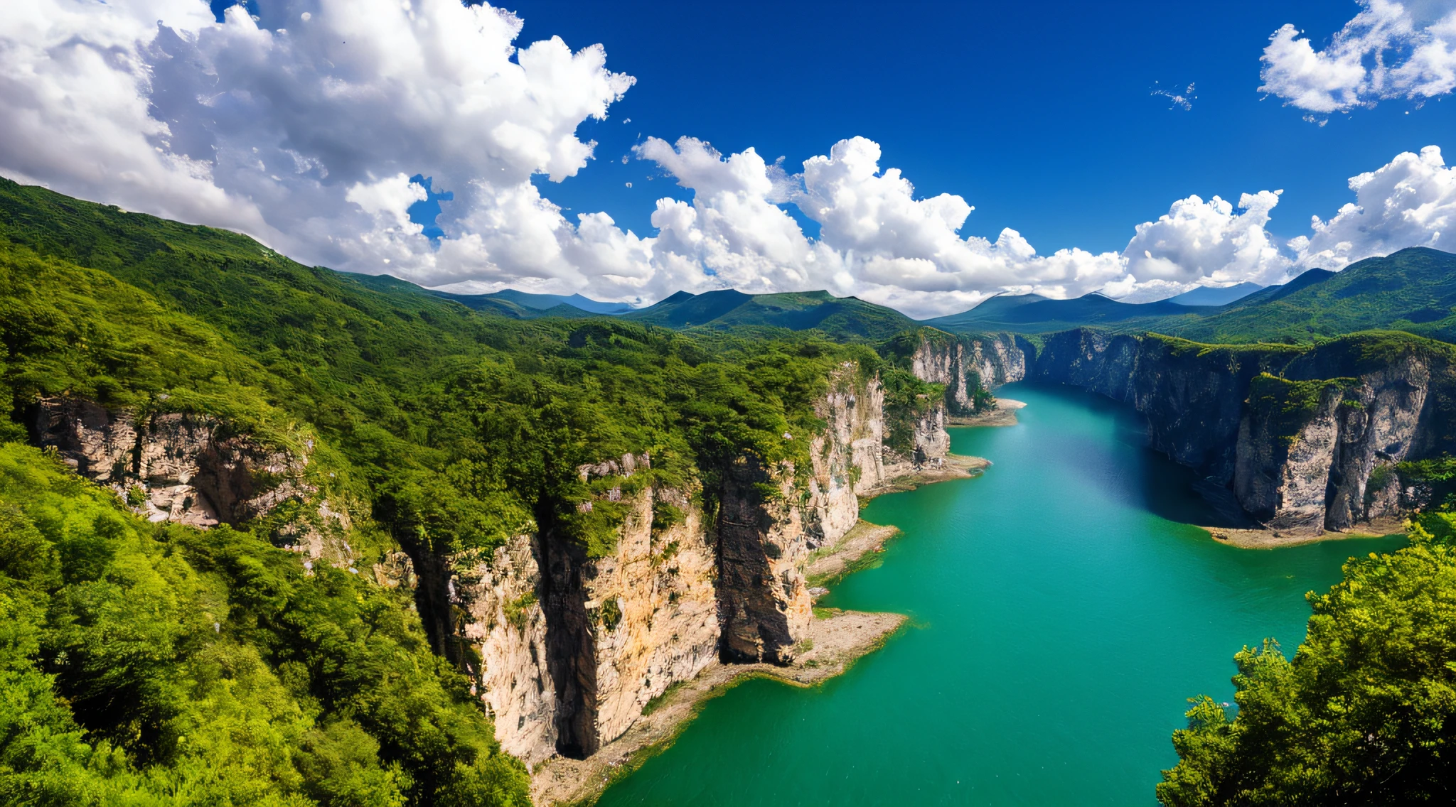 Masterpiece, ultimate quality, Cg unity 8k wallpaper, super delicate, beautiful sky and clouds, rich natural scenery, cliffs, lakes and rivers, waterfalls and flying water, beautiful green mountains, no trace of people, excellent scenery, has already won a photo contest, background Blurring, full depth of field, HDR high dynamics, true restoration, intricate, extreme details, dramatic presentation, perfectly presenting the style of midjourney art.