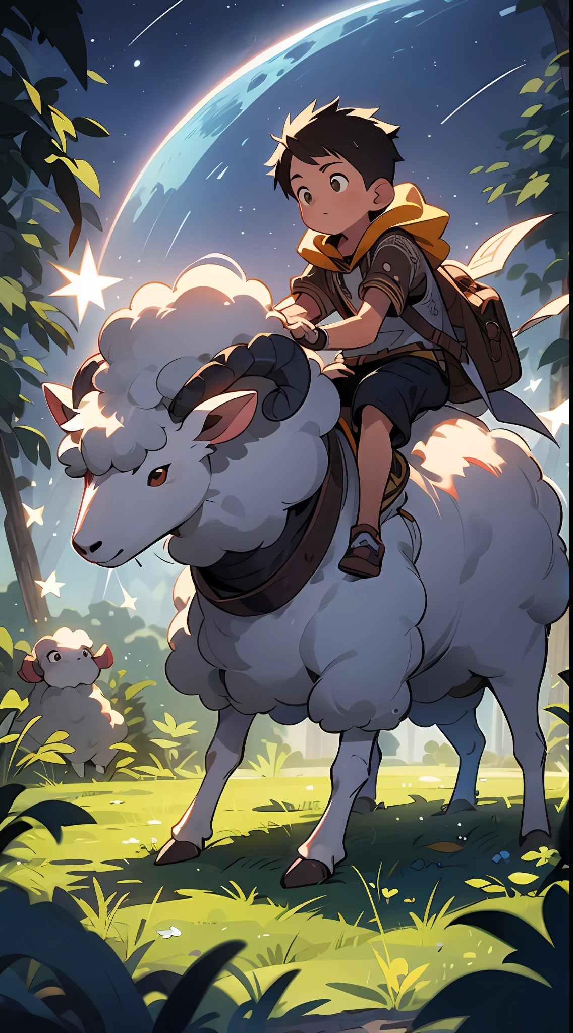 Prairie, a boy riding on the back of a sheep, knight, night, starry
