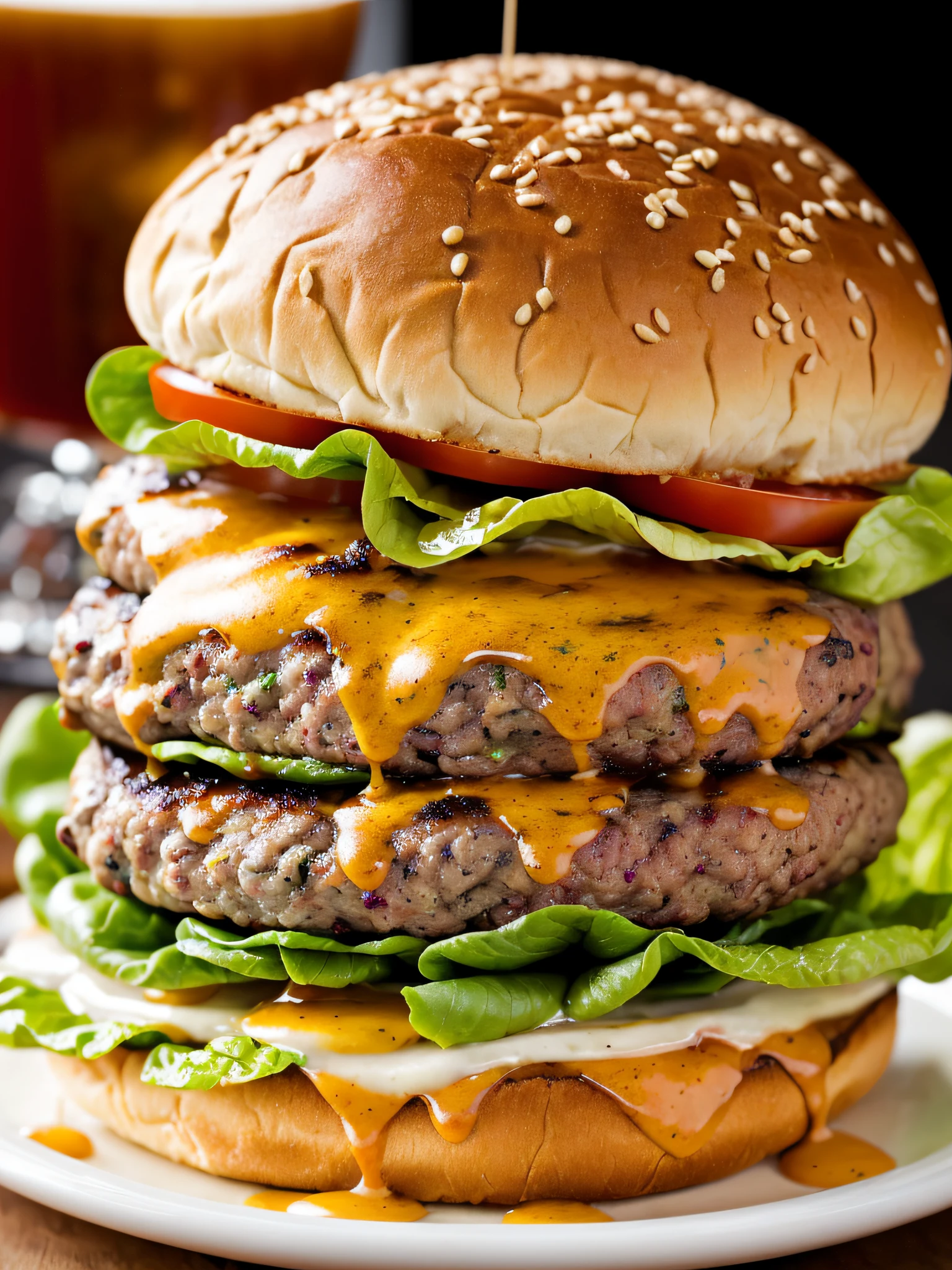 (large burger, extreme close-up, dripping juicy meat, melted cheese, crisp lettuce, soft bun, savory smell)