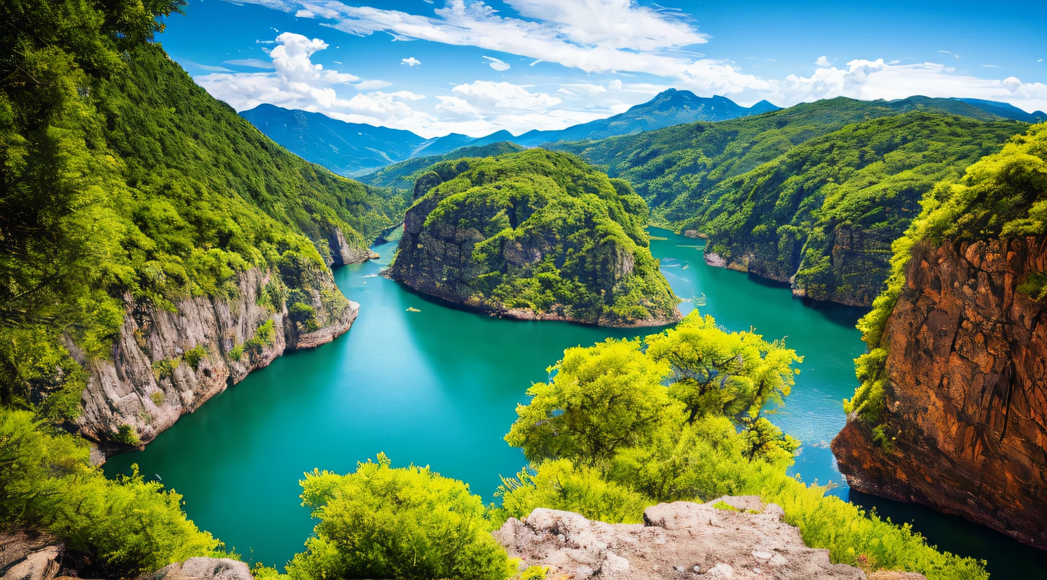 Masterpiece, ultimate quality, Cg unity 8k wallpaper, super delicate, beautiful sky and clouds, rich natural scenery, cliffs, lakes and rivers, waterfalls and flying water, beautiful green mountains, no trace of people, excellent scenery, has already won a photo contest, background Blurring, full depth of field, HDR high dynamics, true restoration, intricate, extreme details, dramatic presentation, perfectly presenting the style of midjourney art.