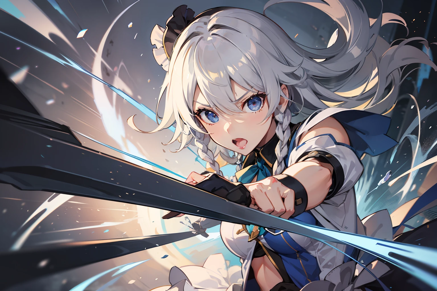 izayoi sakuya,arma,fights,Silvery hair,Aggressive face