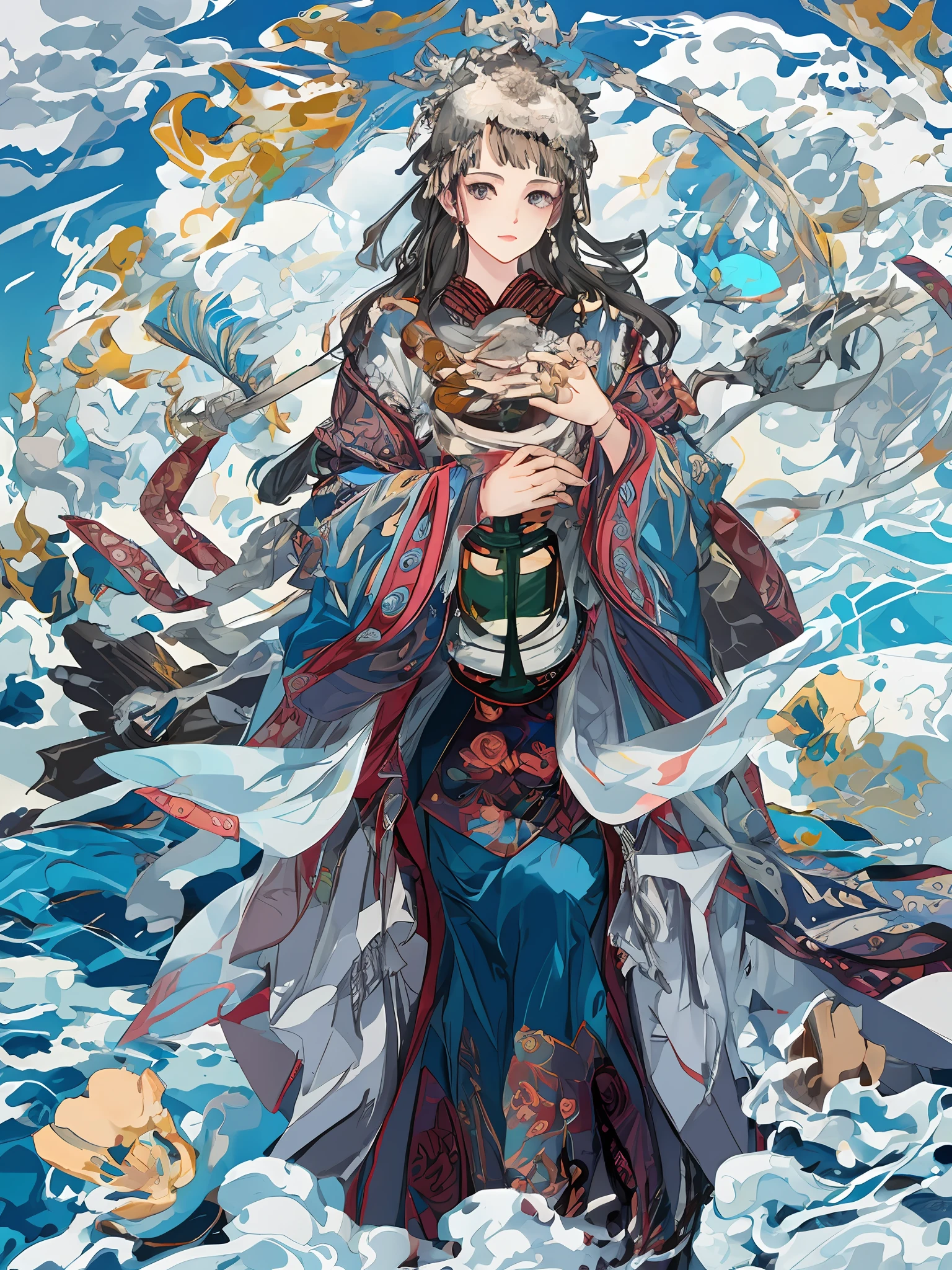 an illustration of a woman in traditional chinese costume, in the style of anime aesthetic, 32k uhd, blink-and-you-miss-it detail, beautiful, anime-inspired characters, beige and aquamarine, close-up,