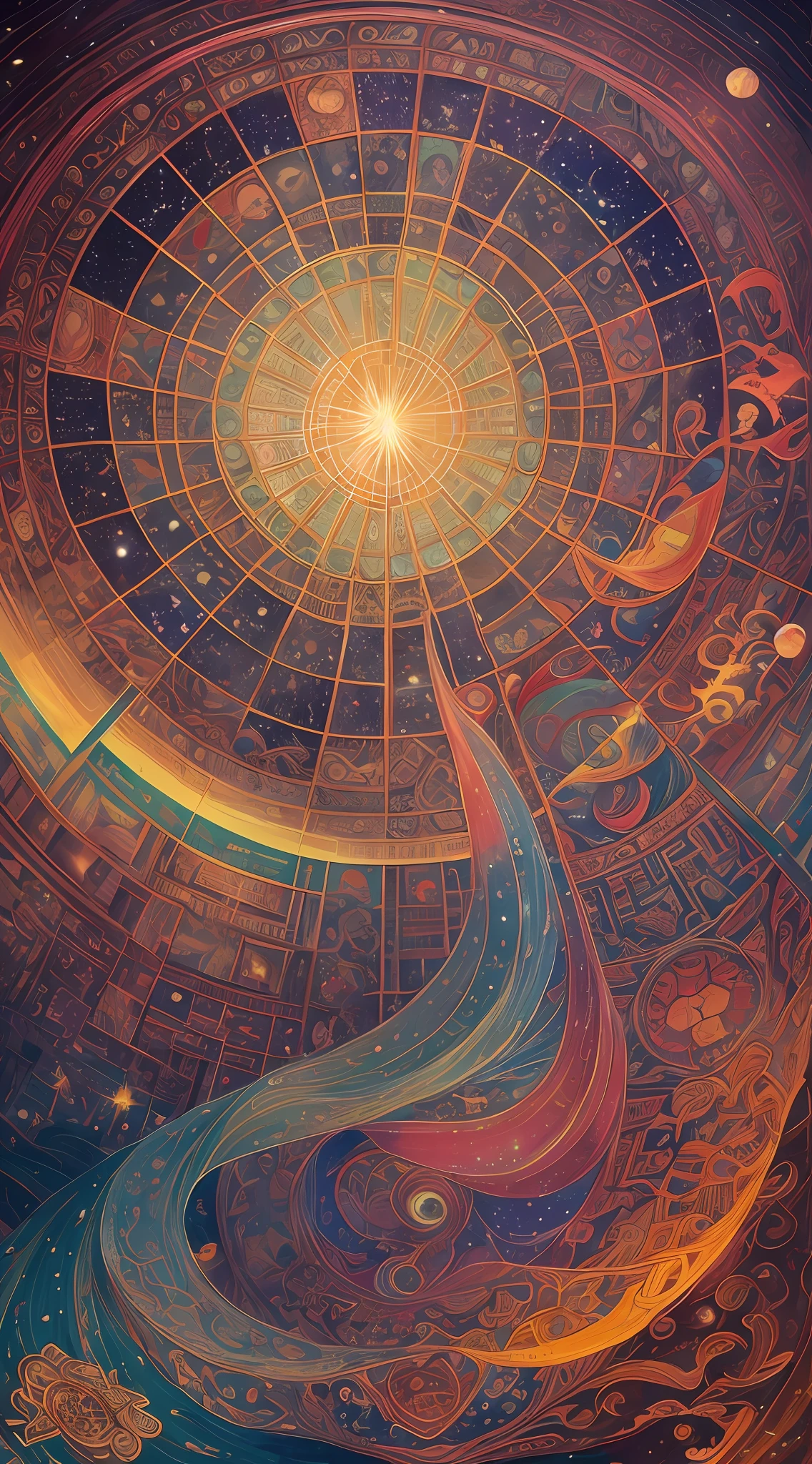 (obra maestra), La mejor calidad, una pintura caracterizada por la imagen impresionante de Cosmic Buddha, An ethereal light full of mystery and wonder, Influenced by Chinese mythology and the beauty of the cosmos, una obra maestra que combina la majestuosidad celestial con la humanidad terrenal, con una paleta de colores exquisita y vibrante, An enigmatic perspective and a detailed shading technique, thus capturing a vibrant and magical image.