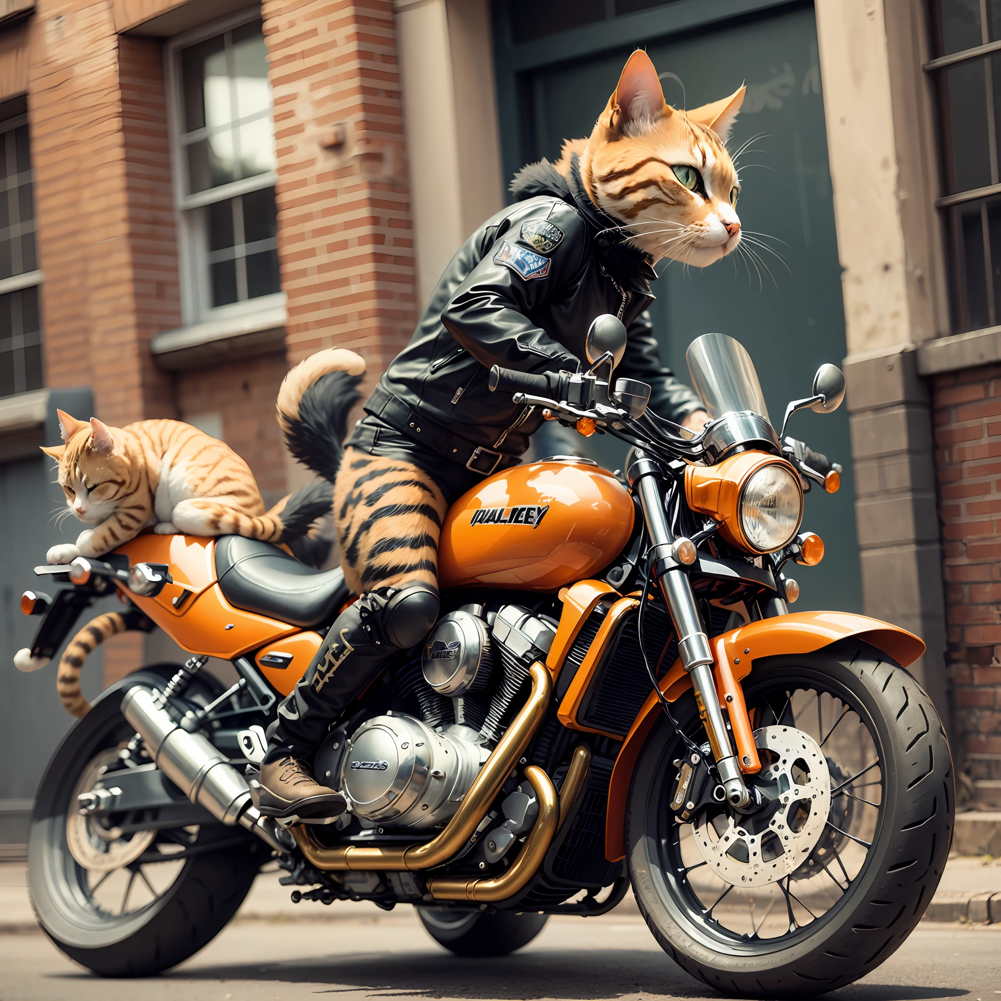 there is a cat, green eyes,wearing a leather jacket, driving a orange harley davidson motorbike, chasing a police car on a busy highway, like route 66