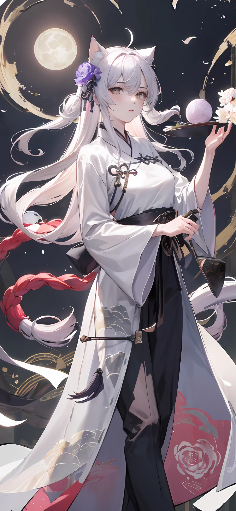 ((masterpiece,best quality)),2girls, black kimono, black legwear, black ribbon, black hair, cherry blossoms, day, flower, hair bun, hair ribbon, japanese clothes, kimono, long hair, looking at viewer, looking back , multiple girls, belts, outdoors, red eyes, red hair, ribbon, sandals, single bun, stairs, standing, statue, torii, tree, white kimono, yellow eyes