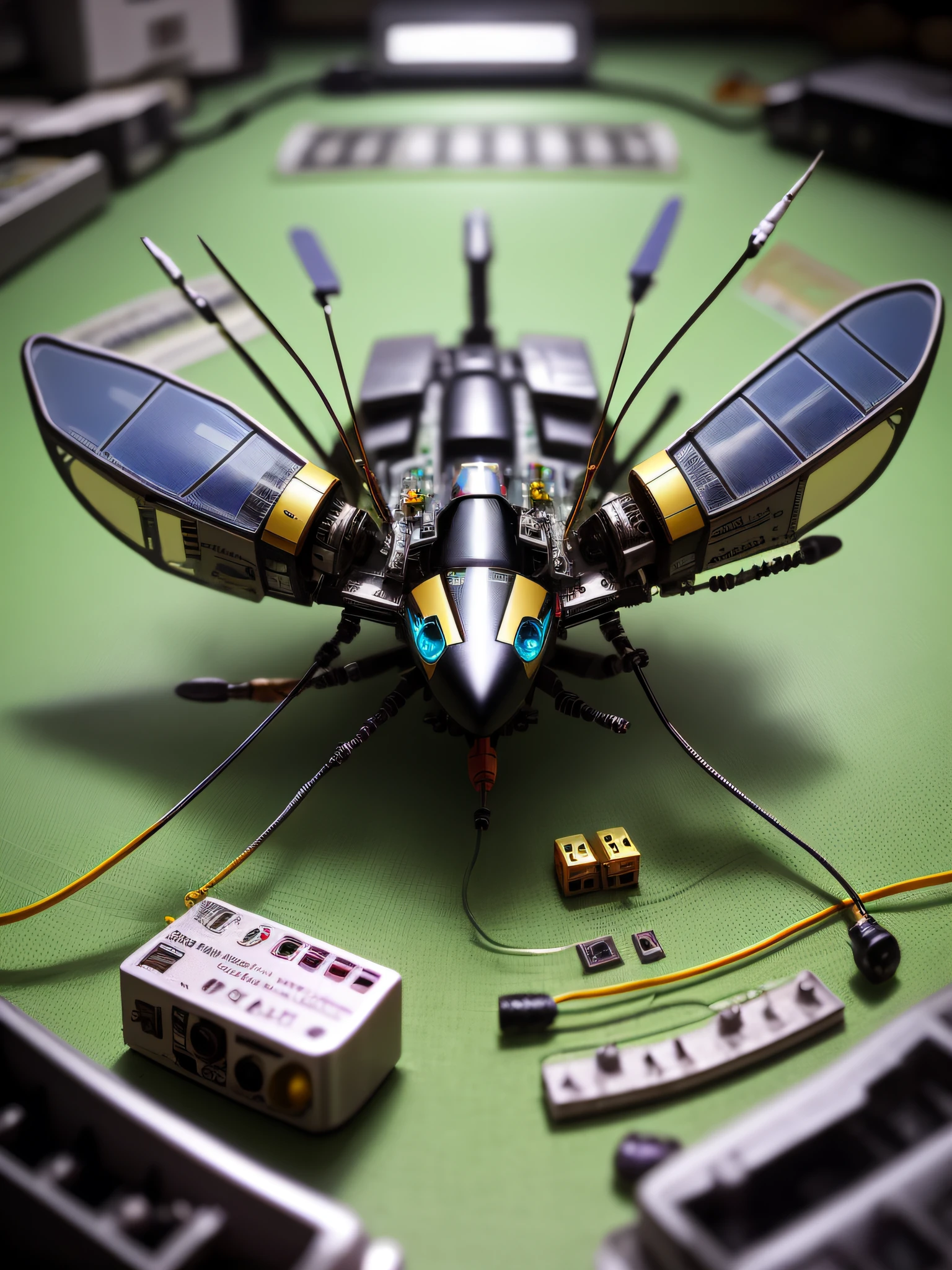 fly-shaped robot with small parts and electronics, diodes, cameras and printed circuit boards