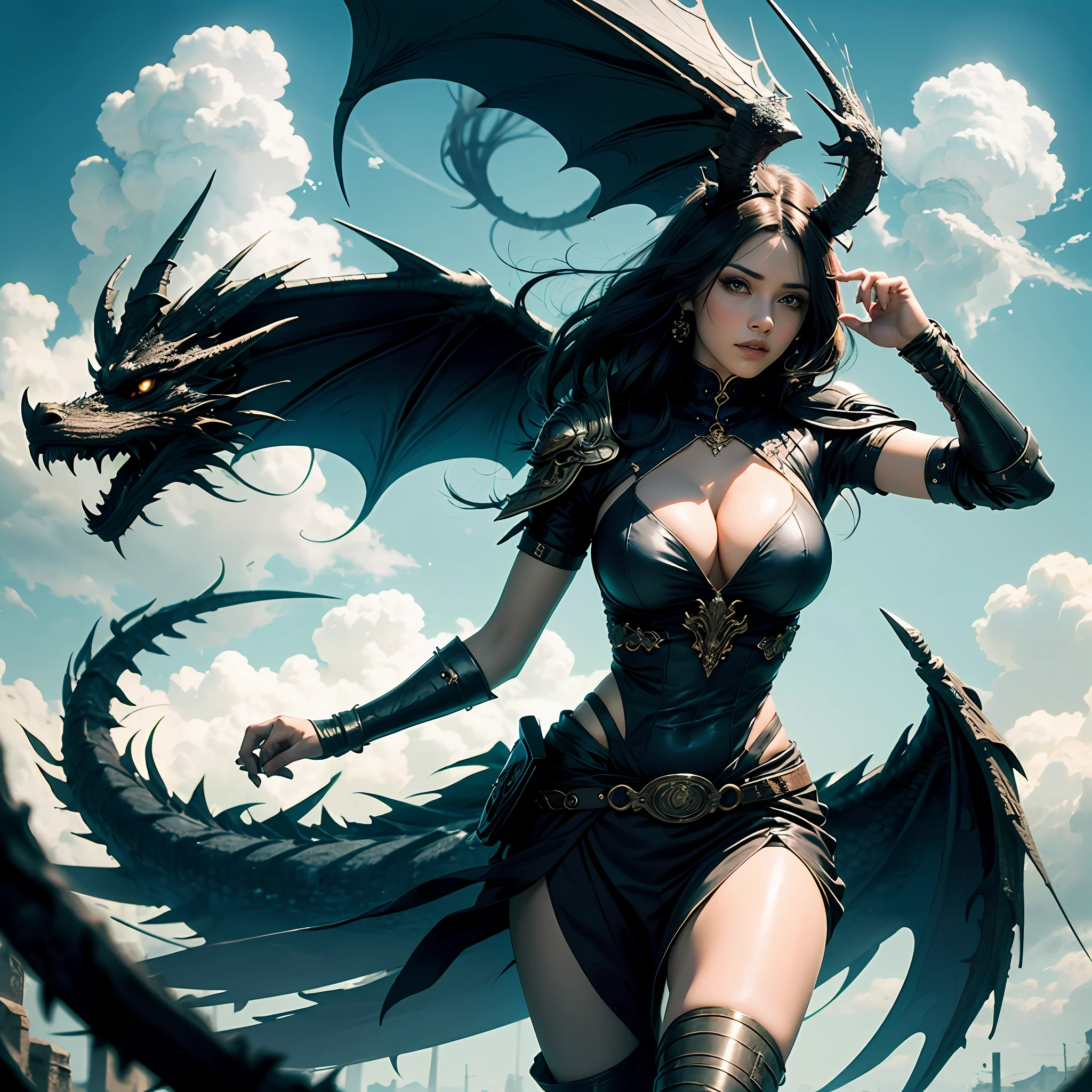 mtu，Handsome ，ancient wind，High appearance，big breasts exposed cleavage，White period costume，Hold a sword in your left hand，The face is indifferent，cabelos preto e longos，flowy，Blue sky，Black Dragon --auto