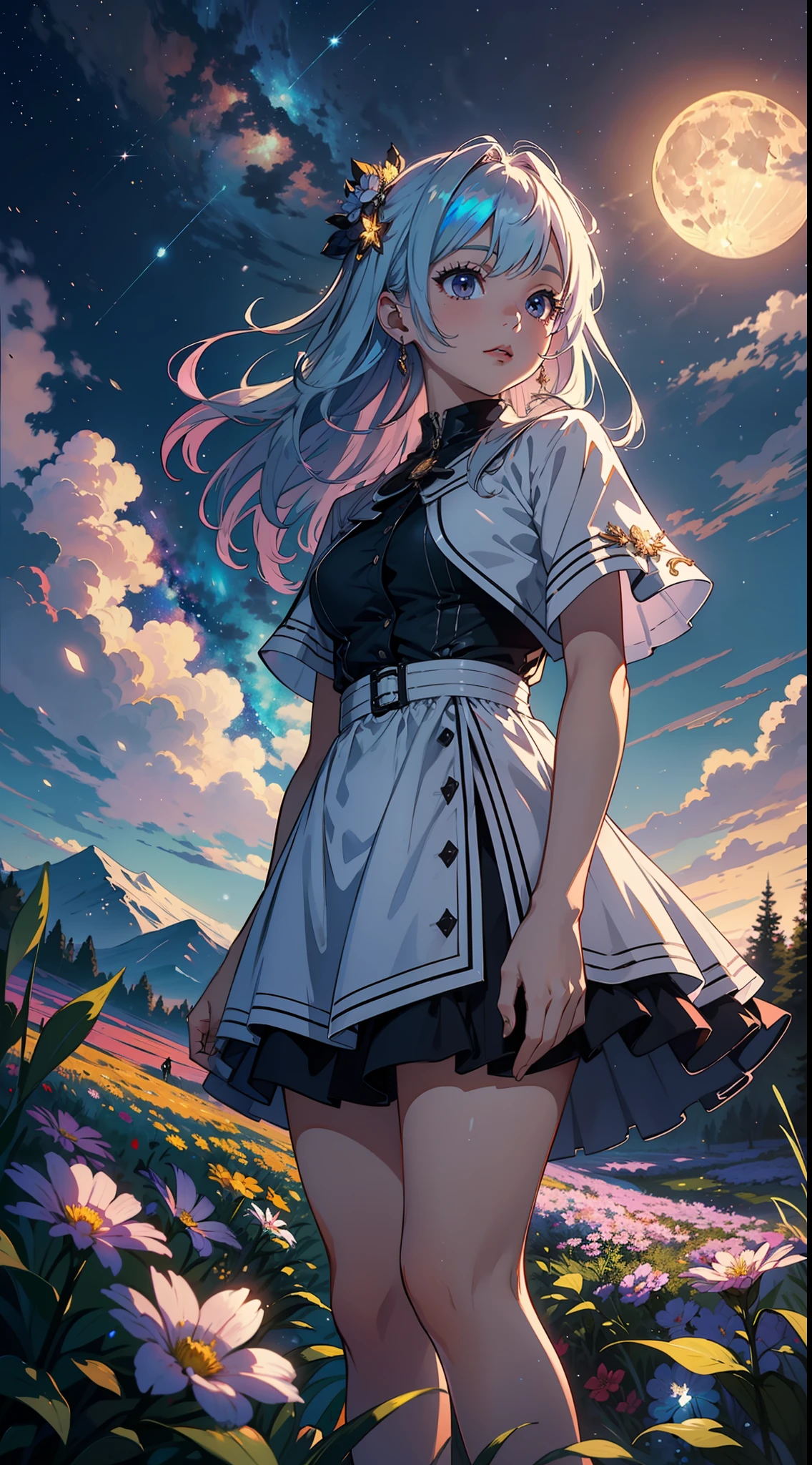 Expansive landscape photograph, (view from below with a view of the sky and the wilderness below), little girl standing in a flower field looking up, (full moon: 1.2), (shooting star: 0.9), (nebula: 1.3), distant mountain, tree break production art, (warm light source: 1.2), (firefly: 1.2), lamp, purple and orange, intricate detail, volume lighting BREAK (masterpiece: 1.2), (highest quality ), 4k, ultra-detailed, (dynamic configuration: 1.4), highly detailed and colorful details (iridescent: 1.2), (sparkling lighting, atmospheric lighting), dreamy, magical, (solo: 1.2)