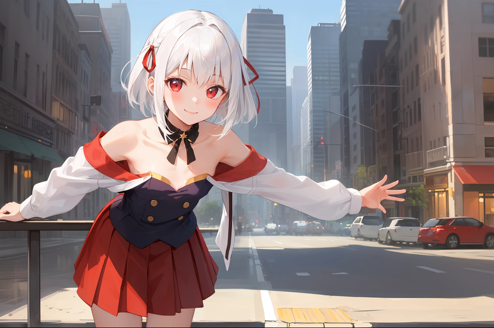 masterpiece, best quality,1girl, solo, bangs, left hair ribbon, (small breasts:1.4), red eyes, short hair, smile, solo, white hair, (Strapless:1.1), (off-the-shoulder:1.1), (cowboy shot:1.2),  city, (uniform:1.2), (partially_unbuttoned:1.1), (Externally expanded Chest:1.2), skirt, (bent over:1.2),