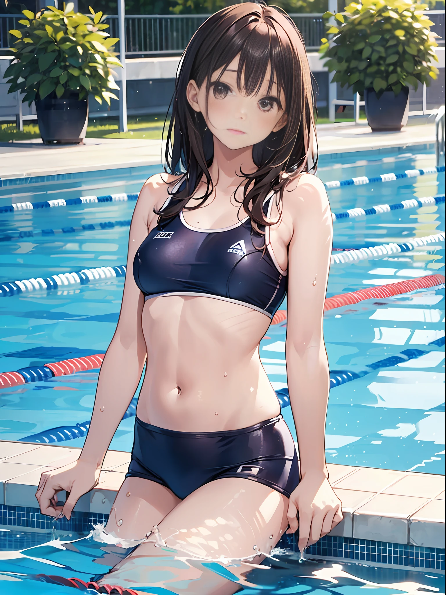 high-level image quality、top-quality、Does not blush cheeks、Slender beauty、{School swim wear}、{knee high}、shorth hair、Pose with hair raked up、swimming pools