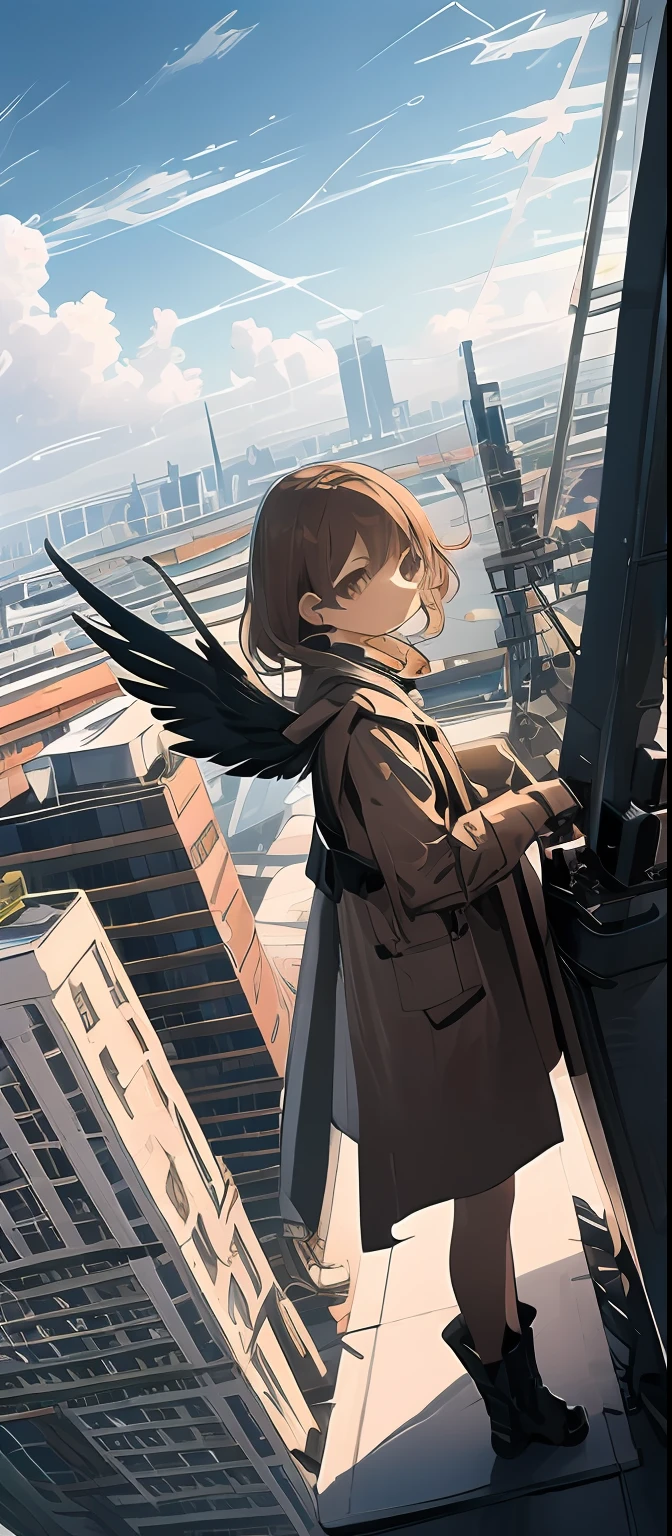 (masterpiece, best quality),from above , 1girl, solo, (feathered wings:1.2), billboard, brown eyes, brown hair, building, city, cloudy sky, coat, boots, crane \(machine\), dutch angle, from side, light frown, looking at viewer, outdoors, rooftop, sky, skyscraper