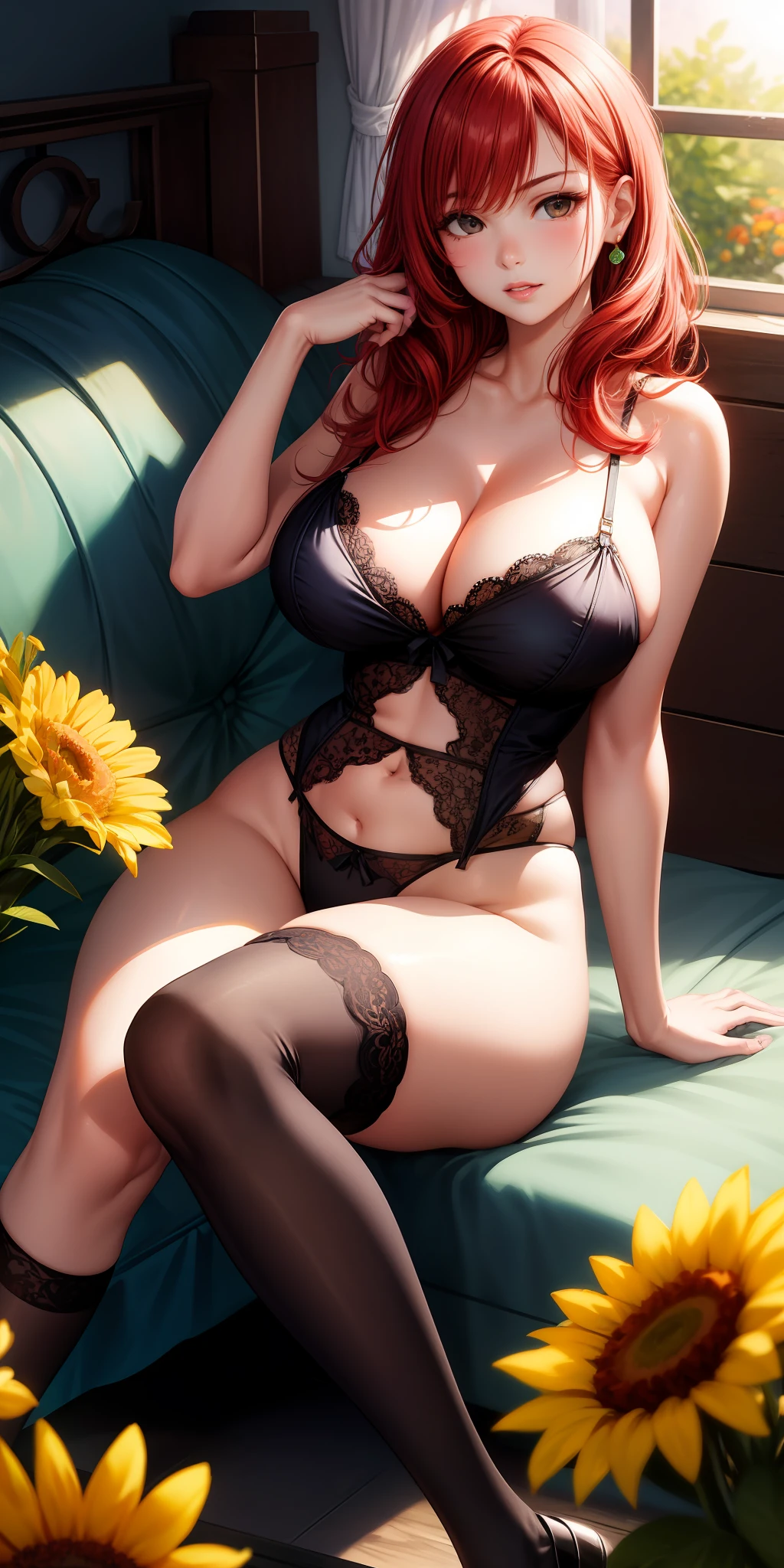 realisticlying,1girl,red hair,Black eyes,Loving eyes,Cut light green lace lingerie,Pink lace panties,parted lip,black over-the-knee socks,huge boob,Be red in the face,the night,fresh flowers,suns,rays of sunshine,