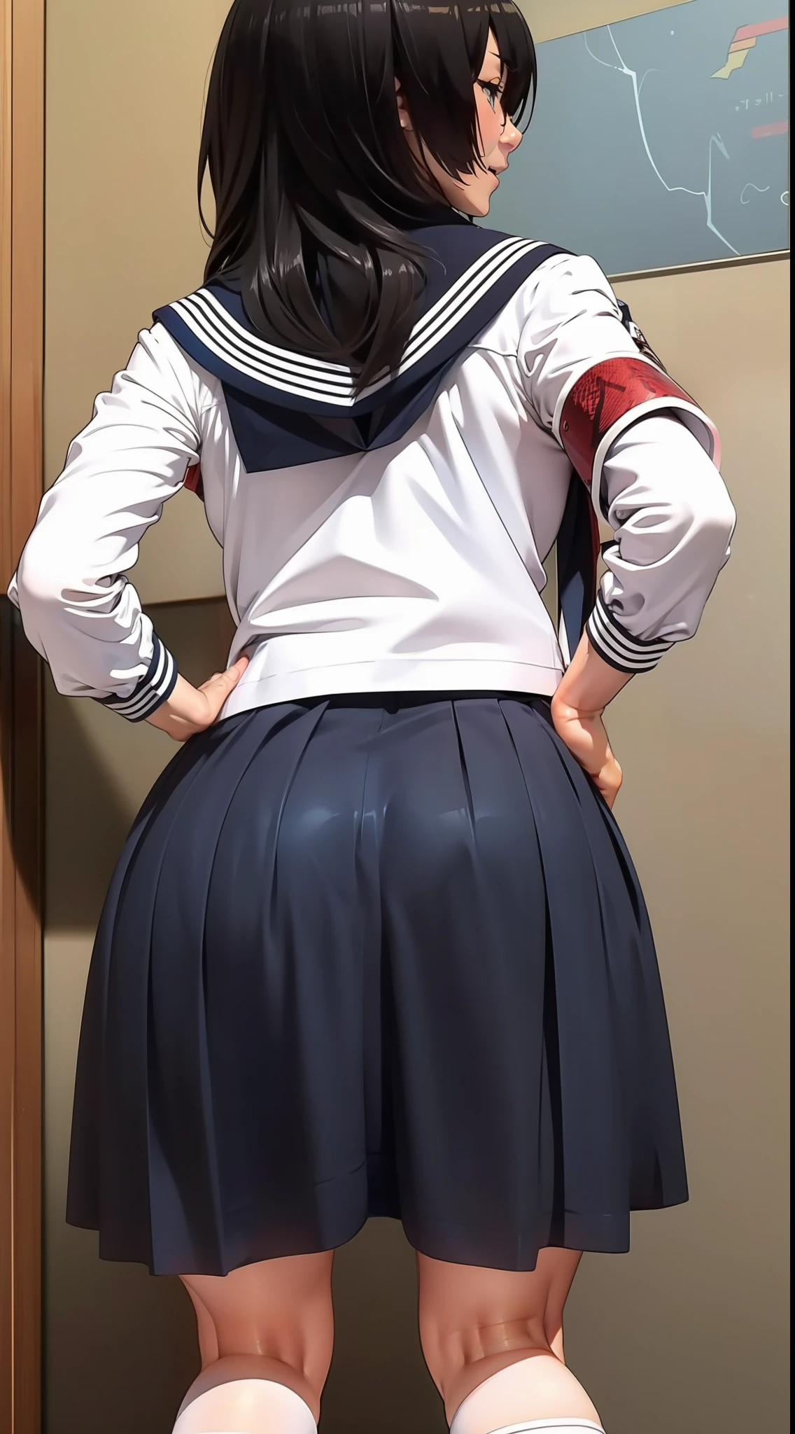 Suzuka, black hair, shirt hair, atarashii gakko!!, white/blue seifuku school outfit, breasts, white sling thong, blue skirt, socks, and ballet shoes, 1girl, close up wallpaper, sexy, ass, back of view, glancing, standing up, tight skirt,