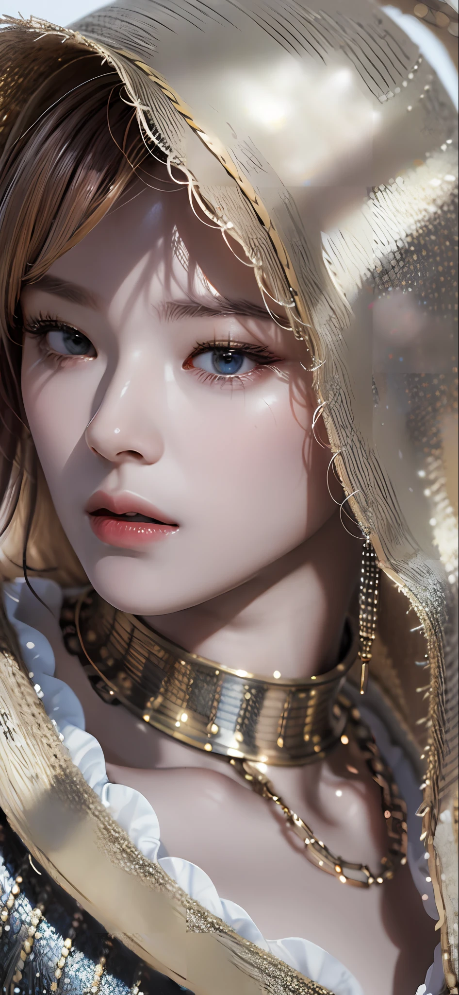 best quality, masterpiece,white hair, gold eyes,white clothes, looking up, upper body,hair strand,Fair skin,side braids