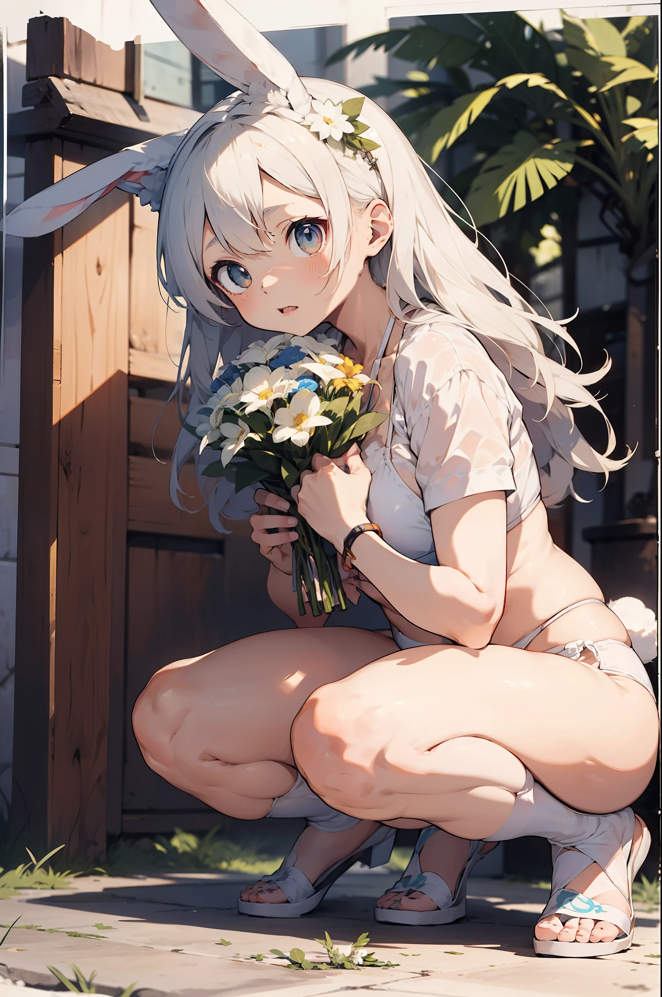 master-piece,hyper quality, hyper detailed,perfect drawing,1 Beautiful Girl、(((Holding a large bouquet)))、(((White bikini)))、((Rabbit ears))、((Rabbit tail))、Rabbit palm、Rabbit's foot、Rabbit's fingers、Big eyes with double eyelids、、white hair、drooing eyes、Height 65cm、MeasurementsB95W60H90、fluffly、Kneeling、pow pause