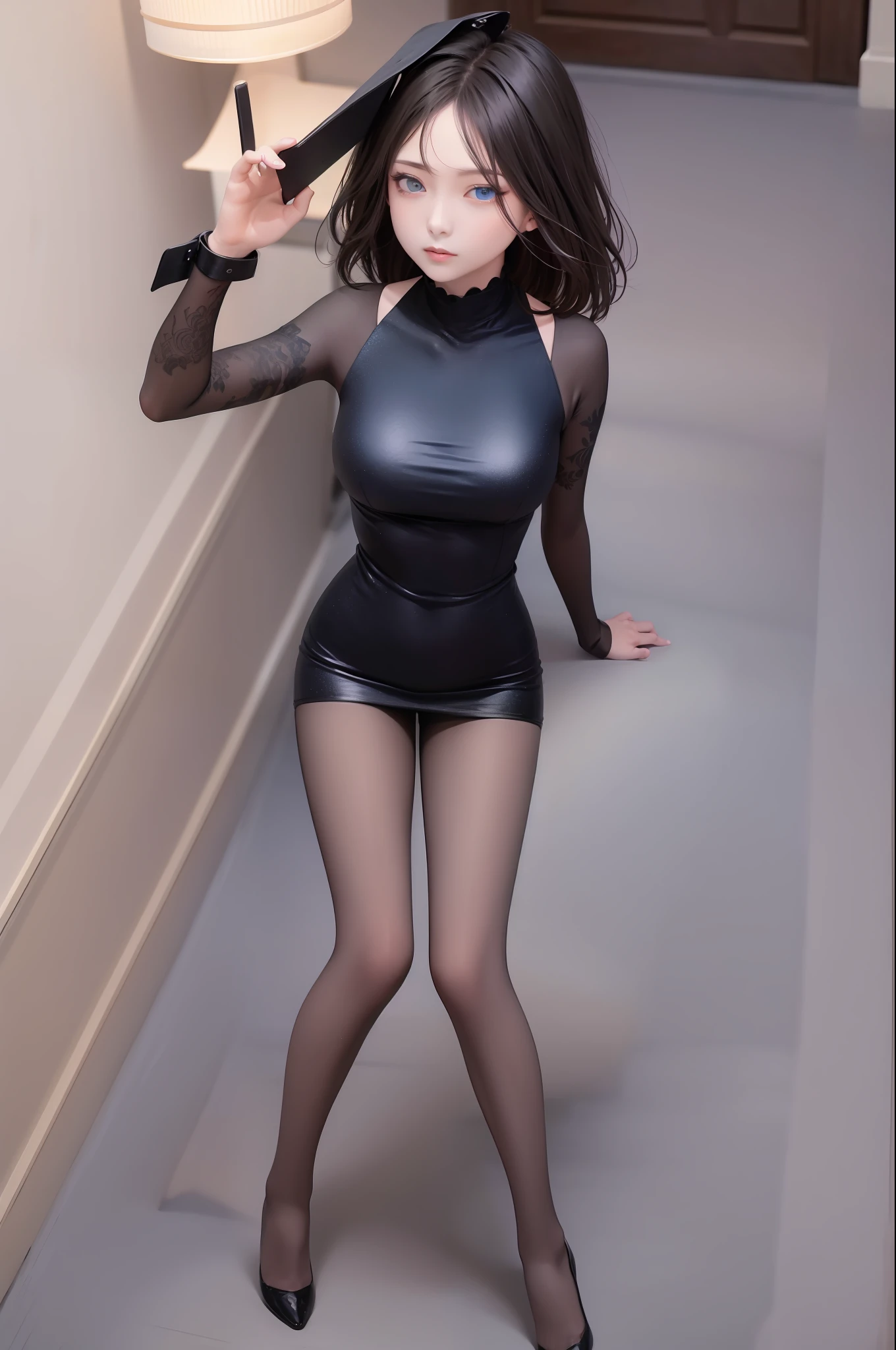 best quality, masterpiece, black hair, blue eyes, looking up, full body