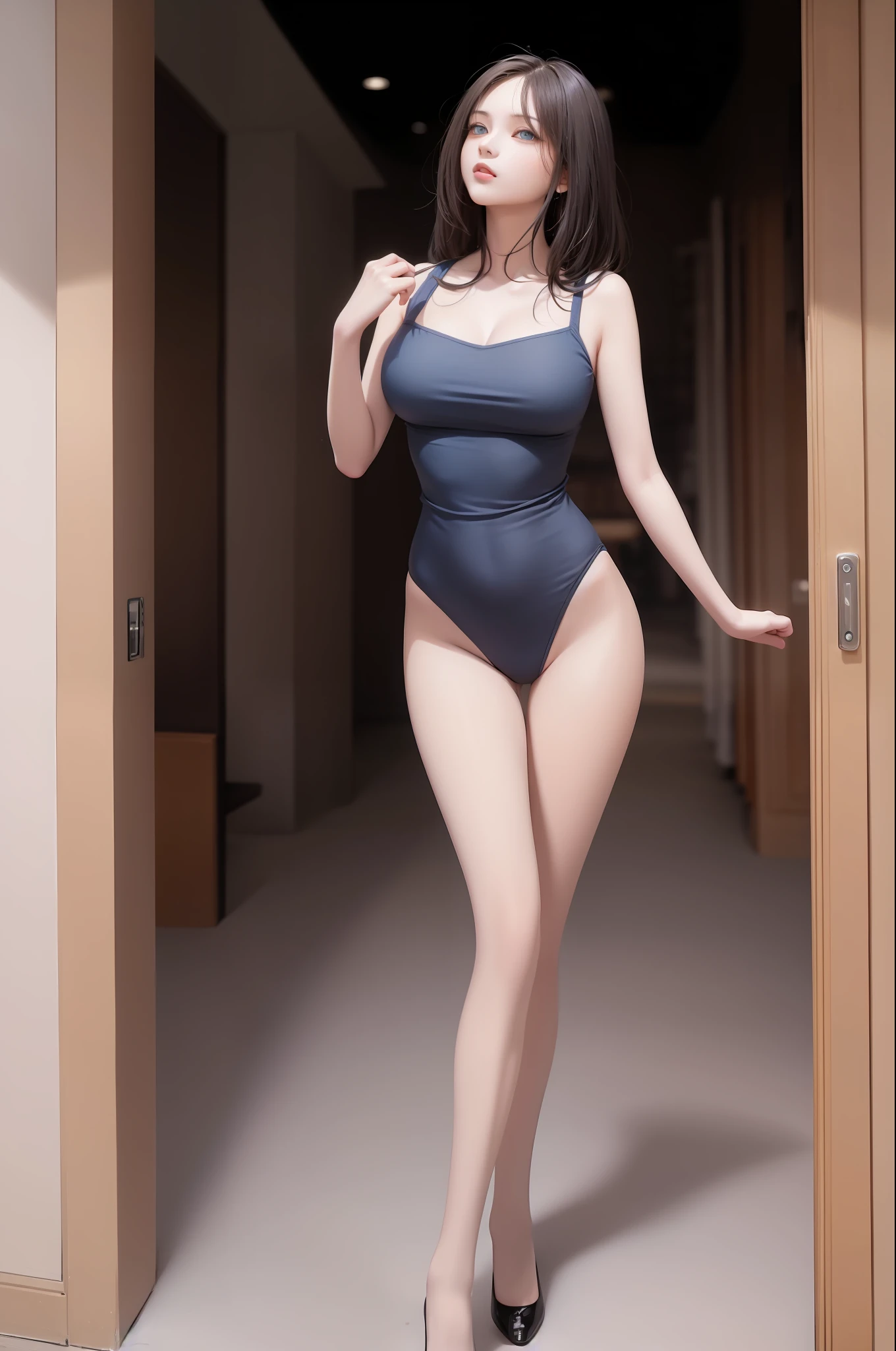 best quality, masterpiece, black hair, blue eyes, looking up, full body