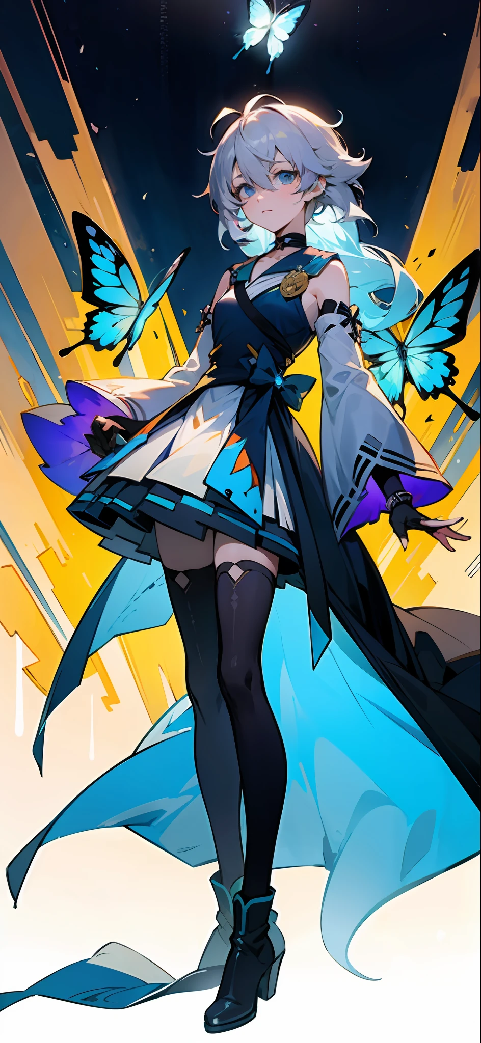 21charturnerv2,charturnbetalora,shinkai makoto,kimi no na wa.,(fantasy:1.4),(blue eyes:1.233),her eyes shine like dreamlike stars,(glowing eyes:1.233),(beautiful and detailed Eyes: 1.1), (silver hair: 1.14), (messy hair, very long hair, french braid, hair between the eyes, sideburns), (+(blue hair: 1.14)), (chiffon dress, Blue flower uniform)/=(military uniform: 1.24),(removable sleeves, wide sleeves),(fingerless gloves),choker,(miko thighhighs),high-heeled boots,(expressionless,shut up),(standing) ,dreamy,soul,(fluorescent),(flying translucent blue butterfly:1.15), [[delicate fingers and hands:0.55]::0.85],(finger details),white background,full body,blue theme,gold background