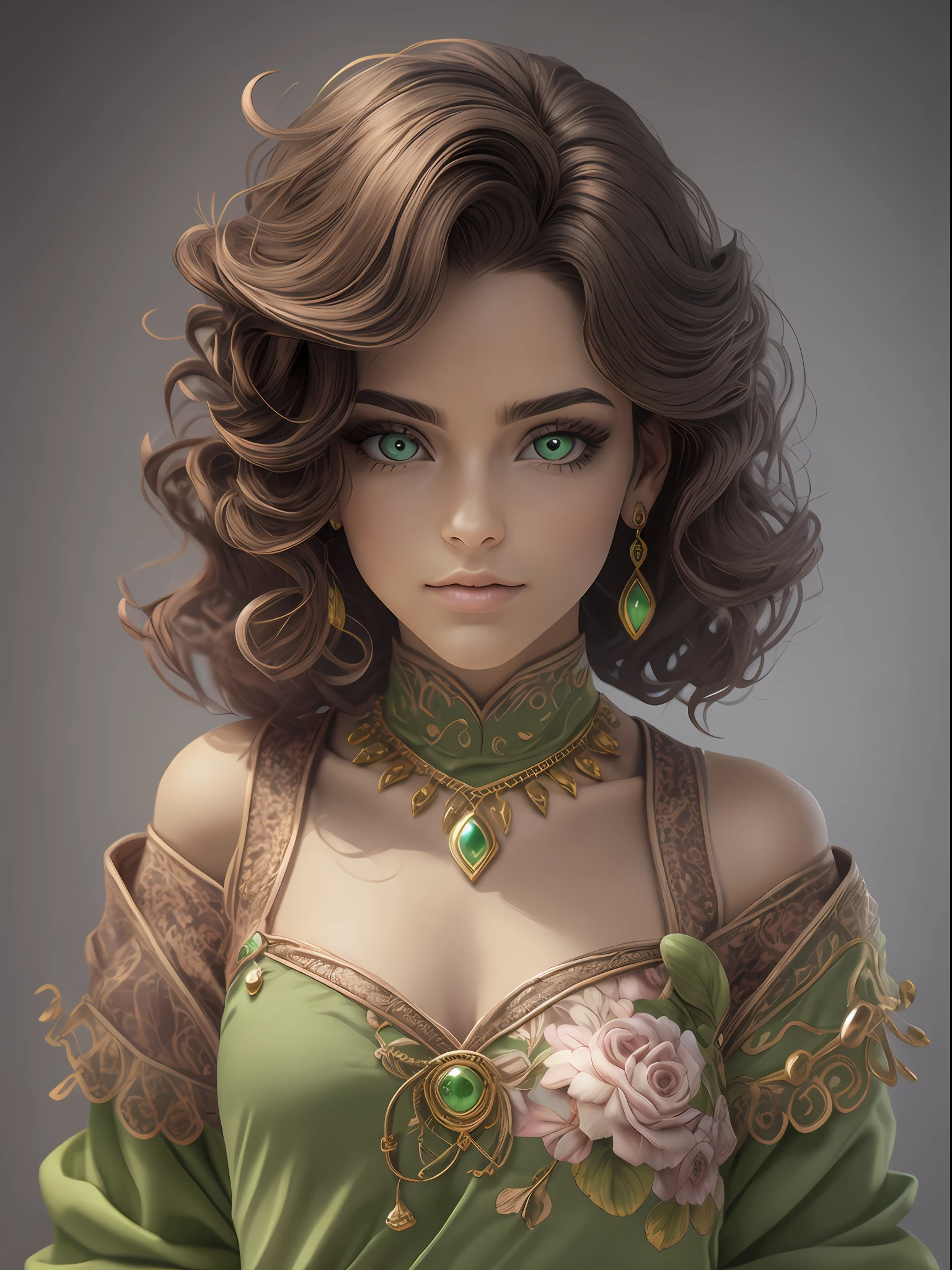master part, best quality, Rendering job ..3d, Estilo ..3dMM, ..3d, 1mulher, sozinho, cabelos amarelos, Sardas, jewelries, Olhando para os lados, Realistic, Comprimento total, fundo simples claro, franja amarela, Desviando o olhar, medium curly hair, olhos verdes, maquiagem, roupa rosa, sapatos amarelos