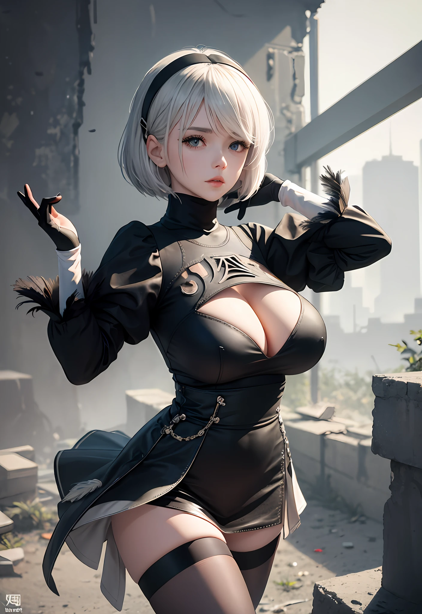 mastepiece,(ultra-detailed),best quality,1girl,(expressionless),huge breasts,sagging breasts,(shiny skin),various pose,ruins,
1girl, yorha no. 2 type b, solo, white hair, puffy sleeves, short hair, ((mole under mouth)), long sleeves, juliet sleeves, cleavage cutout, black hairband, parted lips, black thighhighs, black gloves, cleavage, turtleneck, bangs, feather trim, feather-trimmed sleeves, blue eyes, black skirt,