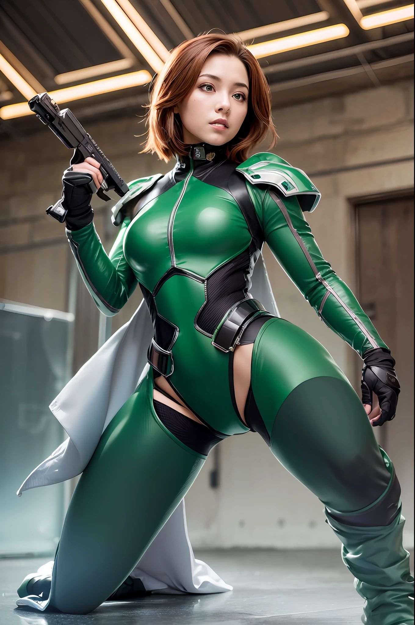 8K, Fuji Film, Photography, ((Green)) , Female redhead assassin and green background, Green eyes, American actress face, Science fiction, fatal, scybernetic, Cyberpunk, Future punk, technical suit, Dynamic pose, Fighting stance, Highly detailed, absurderes, (Best quality), Full armor, Mecha, cybersuit, exosuit, Cape, ((green solid color backdrop)), Natural skin, Photography, Lifelike, Sexy, Busty, (full body:1.4),Cyberpunk , futur, fcPortrait,