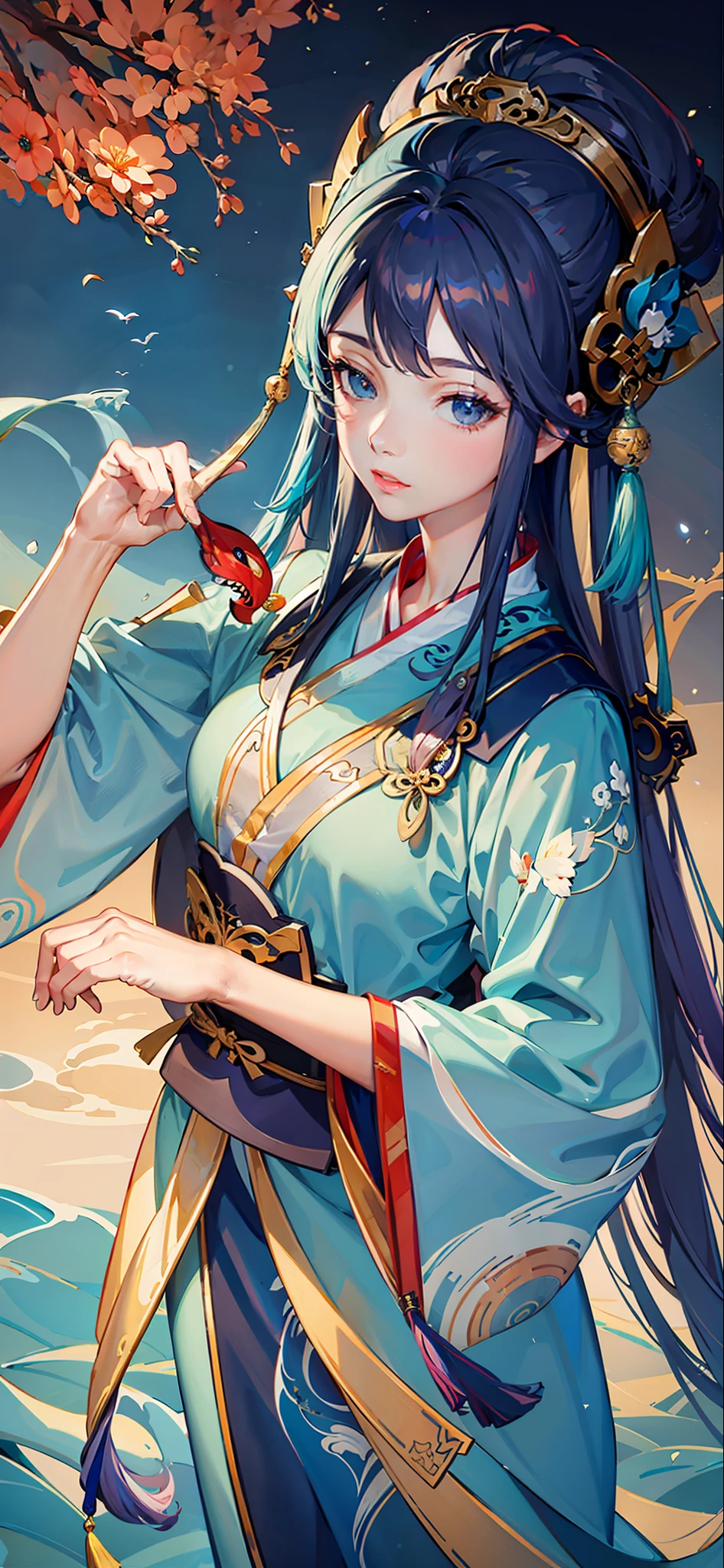 masterpiece, top quality, best quality, official art, (beautiful and aesthetic:1.3),extreme detailed,(fractal art:1.3),colorful,ice
AND Chinese dragon, serpentine body, paws, blue AND 1 girl,media of a hanfugirl,hanfu,blue
