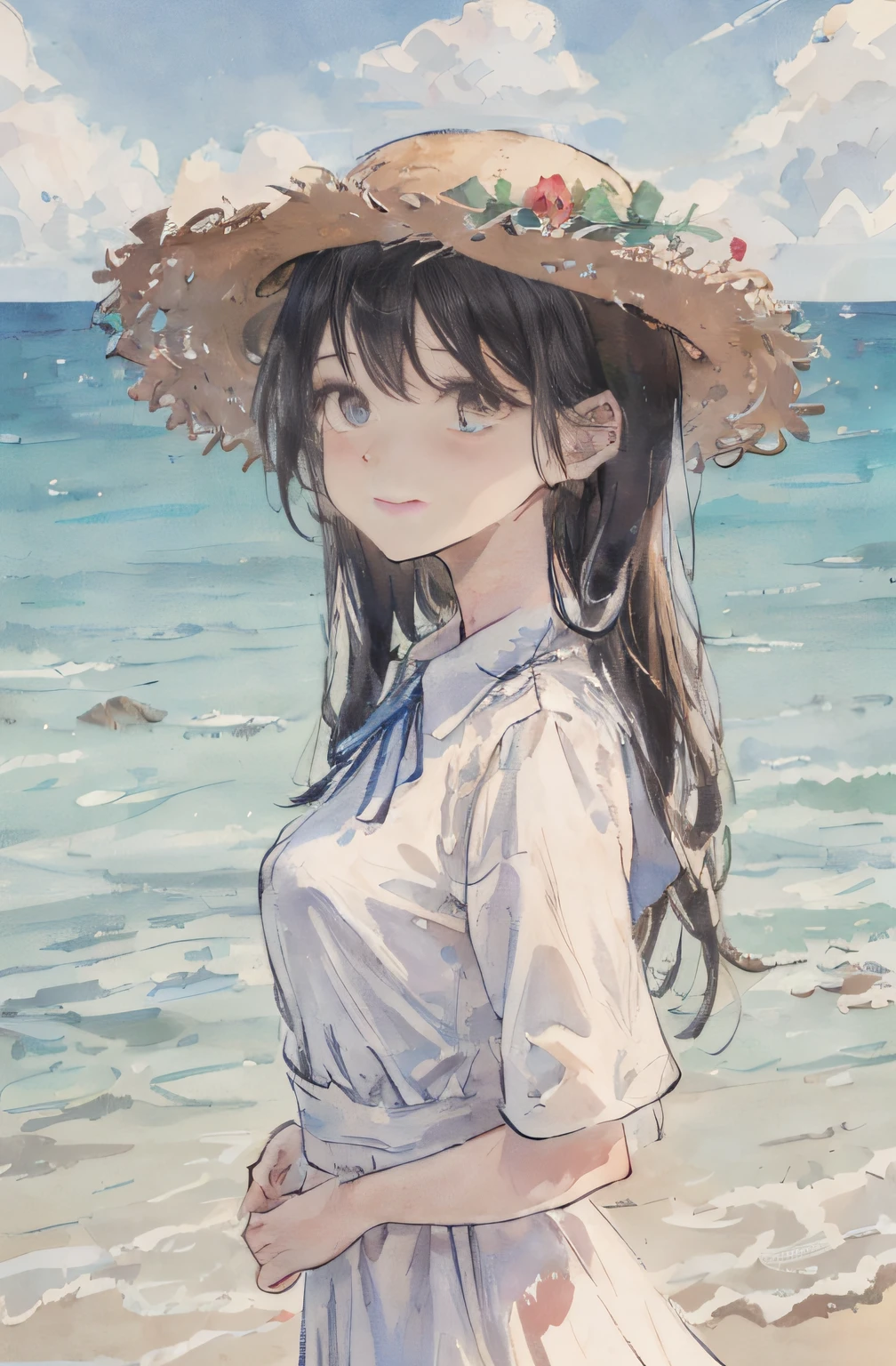 (realisitic:1.4)、(Very complex:1.2)、(The whole body of the body:1.2)、(from the front side:1.3)、1girl in Smile, Long Black Hair, Wearing a big straw hat, Solo, White blouses, Dress, shortsleeves, Looking at Viewer, grey  eyes, Bangs, Summer blue sky and sea background, Closed mouth, Collared dress, blush, frilld、1girl in、Solo、超A high resolution、8K UHD、perfect anatomia、Exquisitely detailed skin、Best Shadows、 Delicate、hight resolution