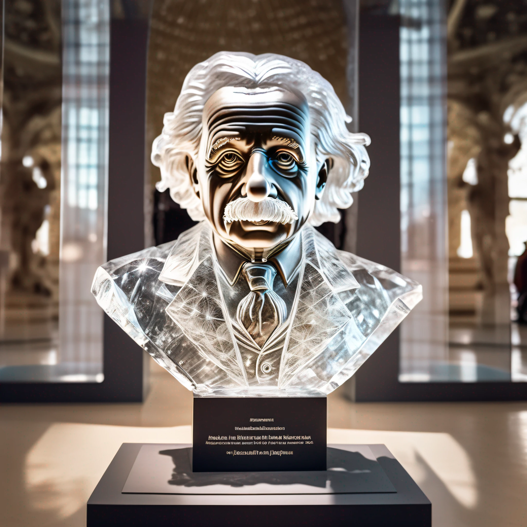instagram photo, statue of Albert Einstein in transparent crystal, wide angle, hyper detailed, crystal eyes, studio photo, made of ornate transparent crystal, on an exhibition altar, museum background